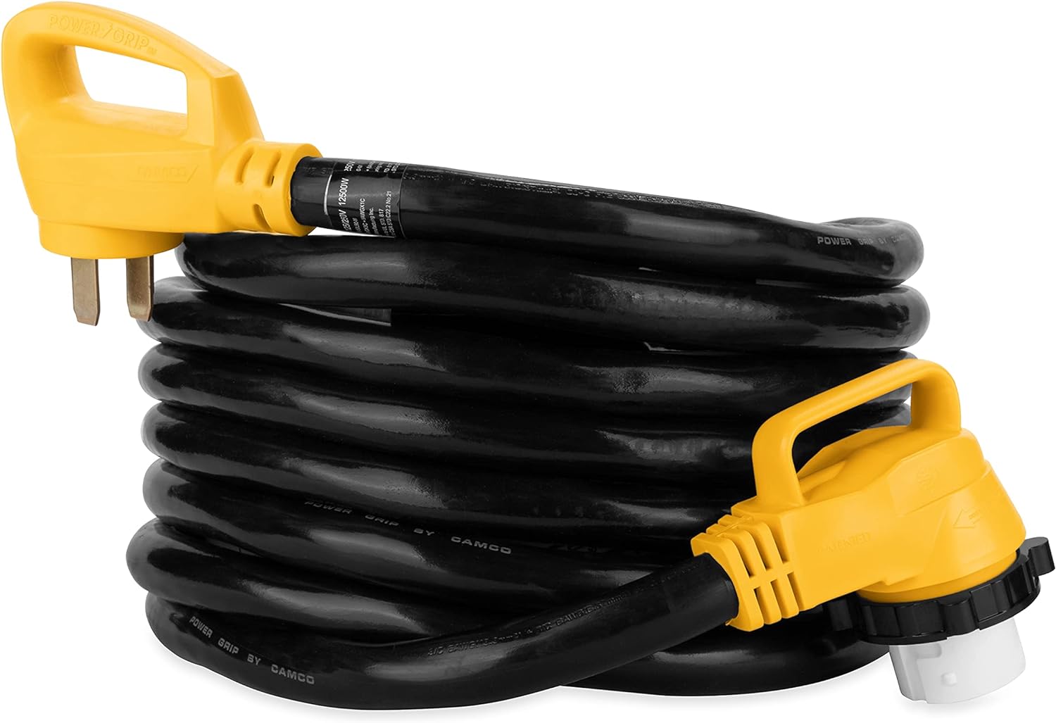 BRAND, CAMCO, CATEGORY, EXTENSION CORDS, Camco Power Grip 30-Ft 50 Amp RV Extension Cord - Rated for 125/250 V/12,500 W - Features Copper 6/3 + 8/1-Gauge Wires for Superior Conductivity & Coated w/Heat-Resilient PVC (55195)