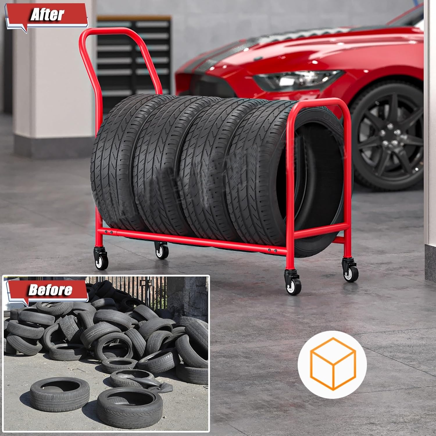 BRAND, CATEGORY, LZMZMQ, STORAGE RACKS, Commercial Tire Storage Rack Garage Shelf, Rolling Rims Semi Tire Organizer Holder, for Apartment/Workshop/Repair Shop, 4 Tires Capacity, Heavy Duty Red Iron Frame