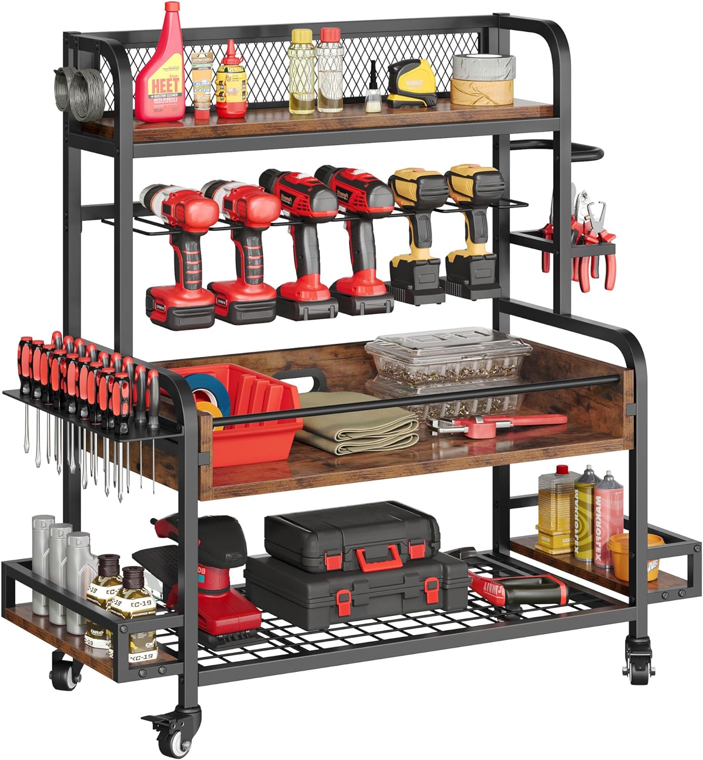 BRAND, CATEGORY, DWVO, STORAGE RACKS, DWVO Large Power Tool Organizer Cart with Wheels, Rolling Garage Tool Organizer Cart with Movable Shelves, Power Tool Storage Cart for Mechanic Workshop Garage Gift for Men