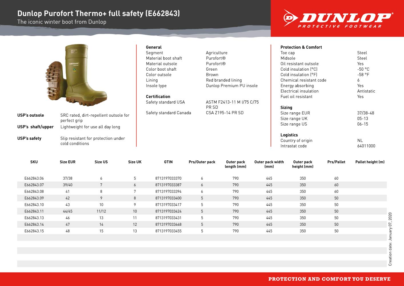 BRAND, CATEGORY, DUNLOP, FIRE & SAFETY BOOTS, Dunlop Protective Footwear, Purofort Thermo+ Full Safety Green/Brown, 100% Waterproof Purofort Material, Lightweight and Durable Protective Footwear, Slip-Resistant, E662843.11, Size 11 US