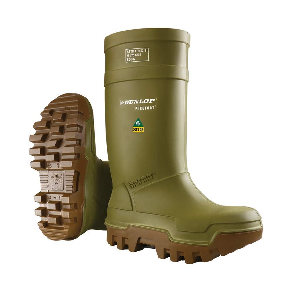 BRAND, CATEGORY, DUNLOP, FIRE & SAFETY BOOTS, Dunlop Protective Footwear, Purofort Thermo+ Full Safety Green/Brown, 100% Waterproof Purofort Material, Lightweight and Durable Protective Footwear, Slip-Resistant, E662843.11, Size 11 US