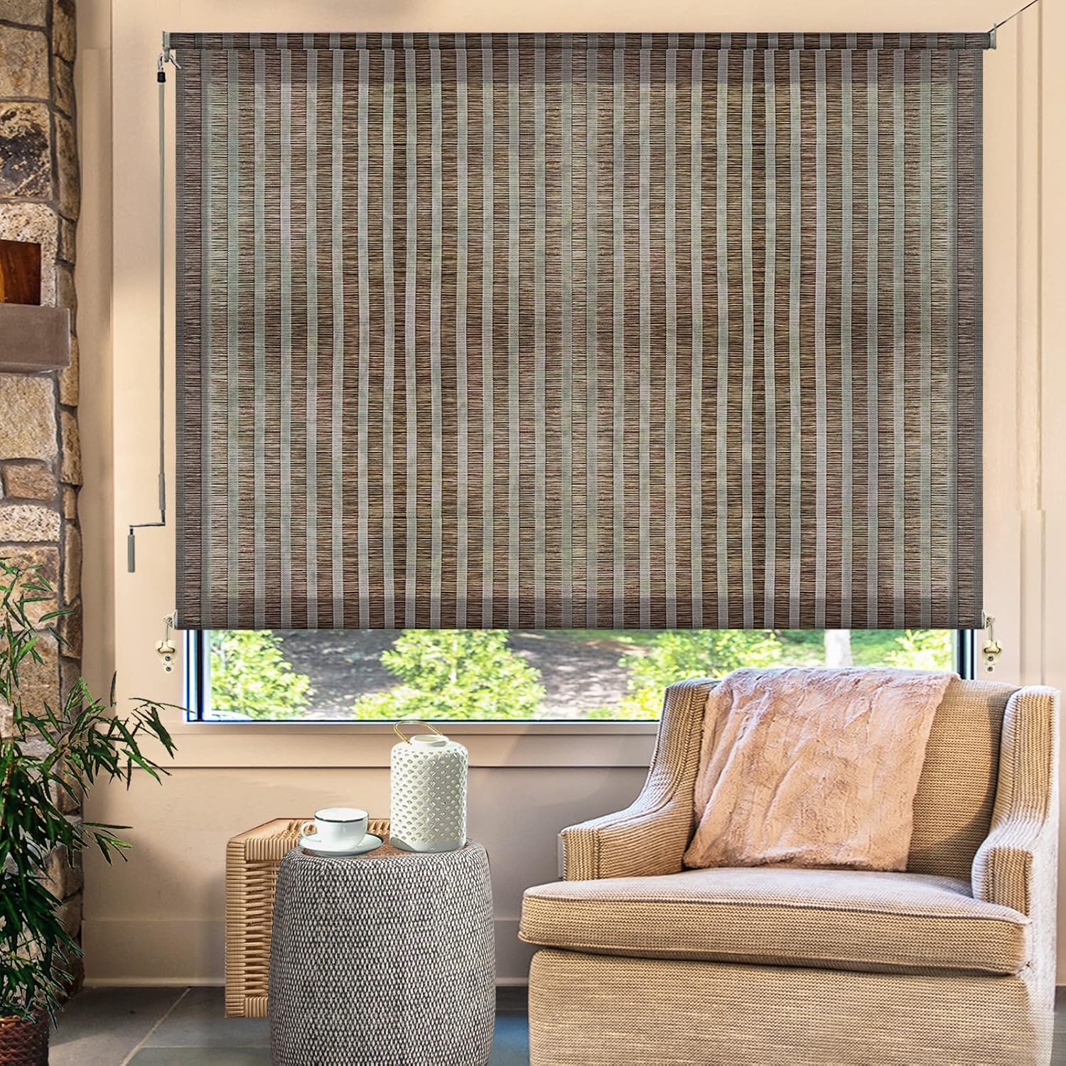 BRAND, CATEGORY, FACIMI, GAZEBOS, FACIMI Custom Cordless Roller Shades, Light Filtering Black Brown Fabric Outdoor Blinds, Premium UV Protection Sun Shades for Doors, Patio, Gazebo, Porch, Balcony