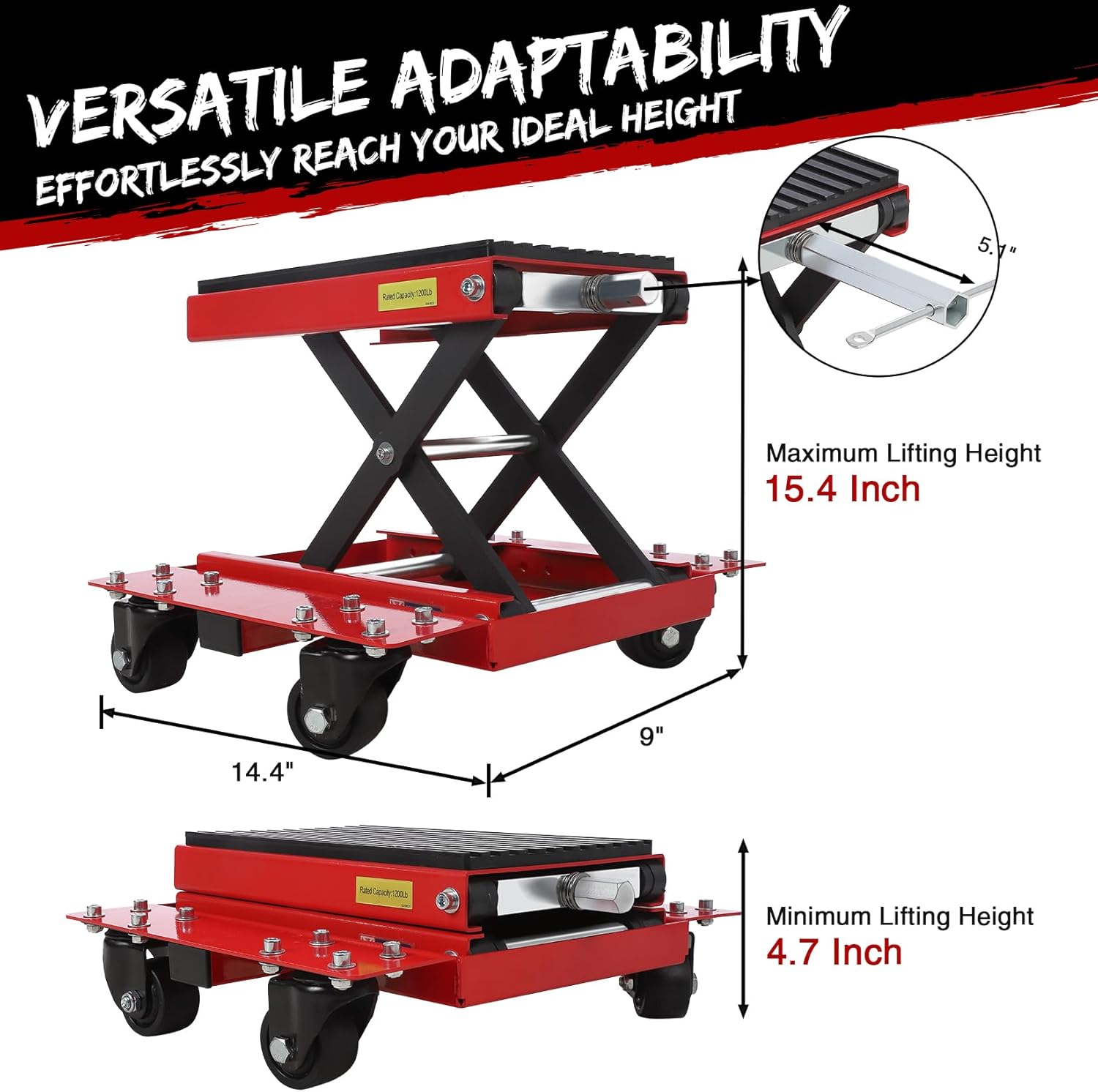 BRAND, CATEGORY, FAIRONLY, SCISSOR LIFT JACKS, FairOnly 1200lbs Motorcycle Jack with Dolly, Motorcycle Scissor Lift Jack Hoist Stand for Dirt Bike ATV Cruiser Bikes with Wide Deck & Safety Pin