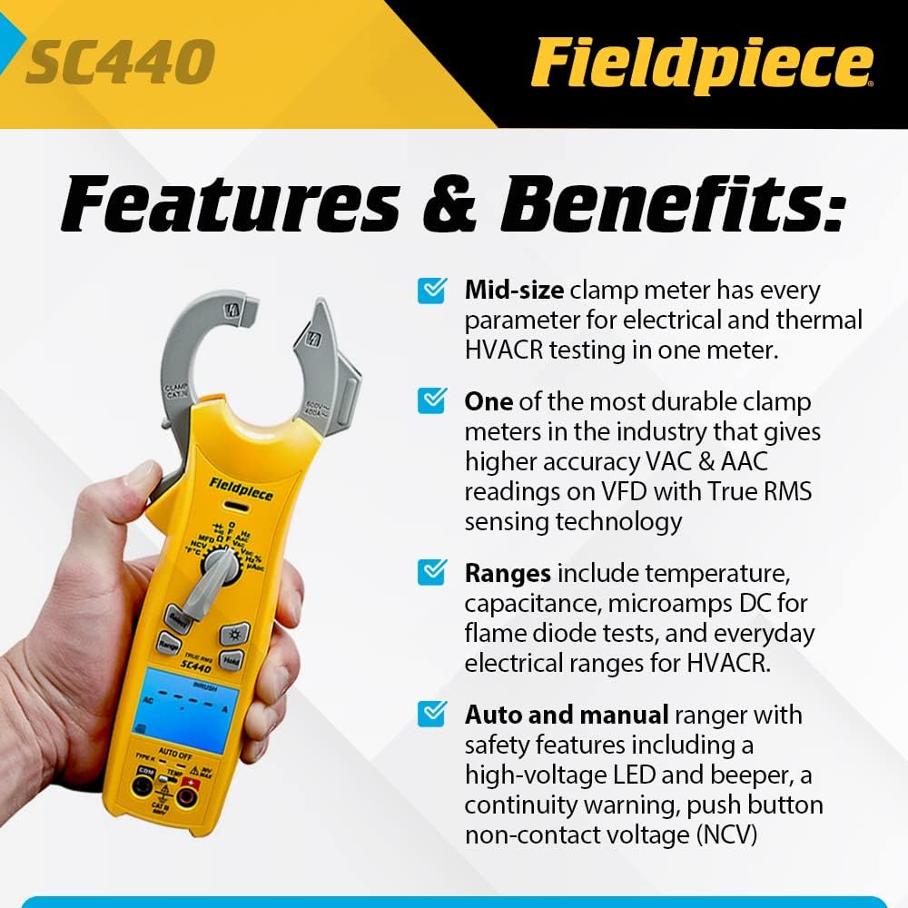 BRAND, CATEGORY, CLAMP METERS, FIELDPIECE, Fieldpiece SC440 True RMS Clamp Meter with Temperature, Inrush Current, Capacitance and Backlight