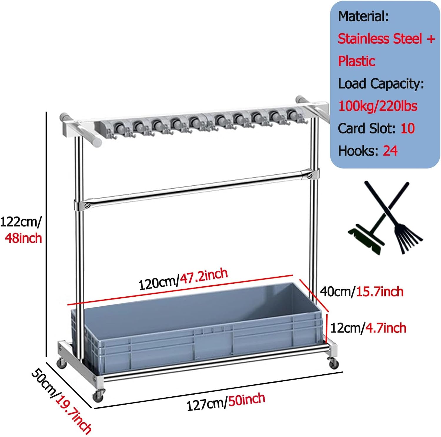 BRAND, CATEGORY, INDOOR SKI STORAGE, YXXSDP, Floor Standing Mop Hanger/ Broom Holder, Rolling 122cm Tall Mop Cleaning Utility Rack Garden Tool Organizer, Garage Storage System for Home Laundry Room Schools Hotels ( Color : Gray1 , Size : 127x50x