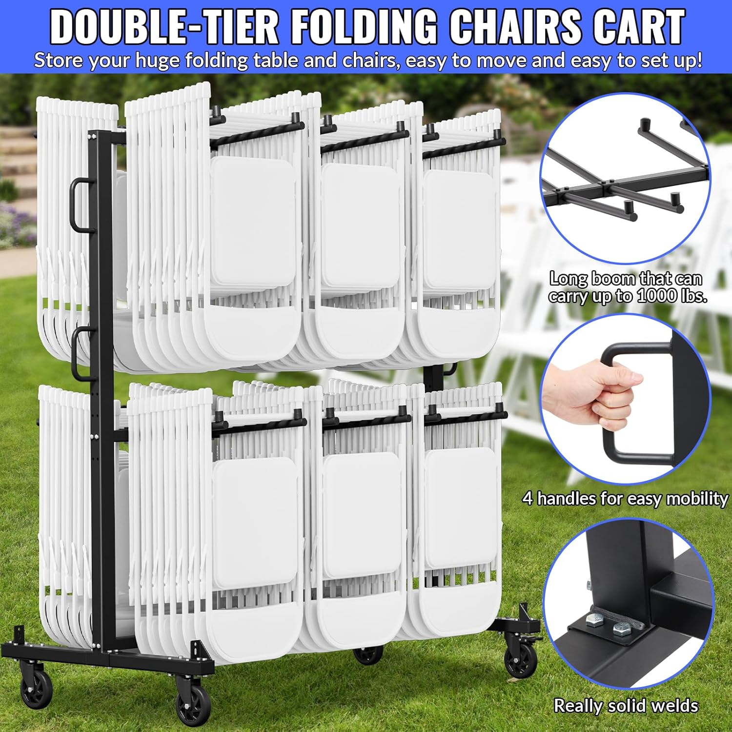 BRAND, CATEGORY, DONIKS, UTILITY CARTS, Folding Chair Rack-Folding Chair Cart with Wheels 42 Folding Chairs Capacity,1000lbs Weight Capacity,Heavy Duty Metal Chair Rack with Outdoor Cover and Rubber Locking Wheels