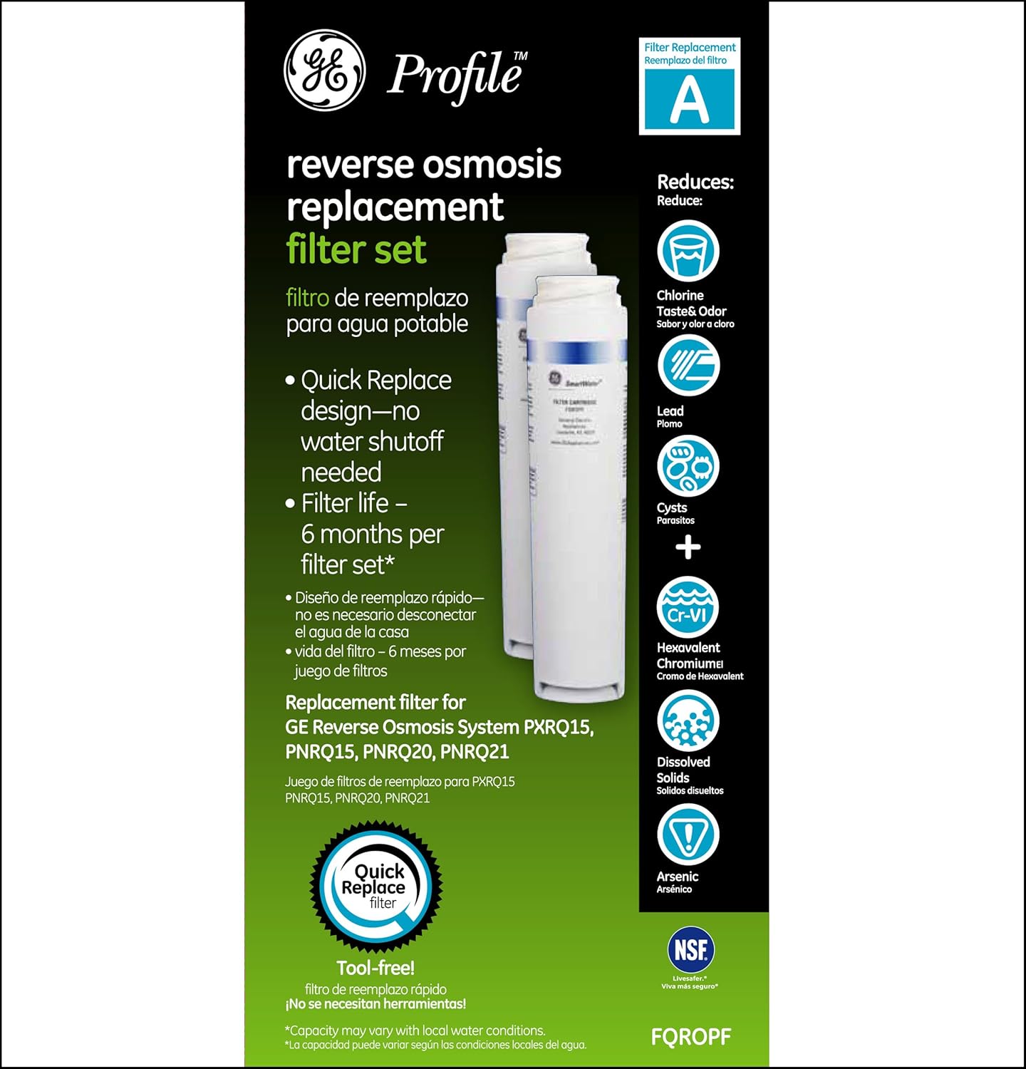 BRAND, CATEGORY, GE, REPLACEMENT UNDER-SINK WATER FILTERS, GE Profile FQROPF Under Sink Water Filter, Filters for Reverse Osmosis System, Reduces Sediment, Rust & Other Impurities from Water, Replace Every 6 Months for Best Results, Pack of 2 Membranes