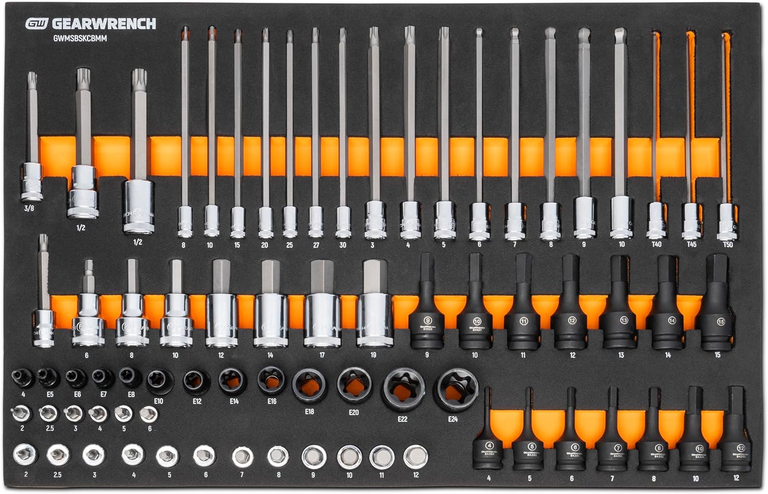 BRAND, CATEGORY, GEARWRENCH, OTHER, GEARWRENCH 74 Piece 1/4”, 3/8”, 1/2” Drive Metric Bit Socket Set in Foam Storage Tray - GWMSBSKCBMM