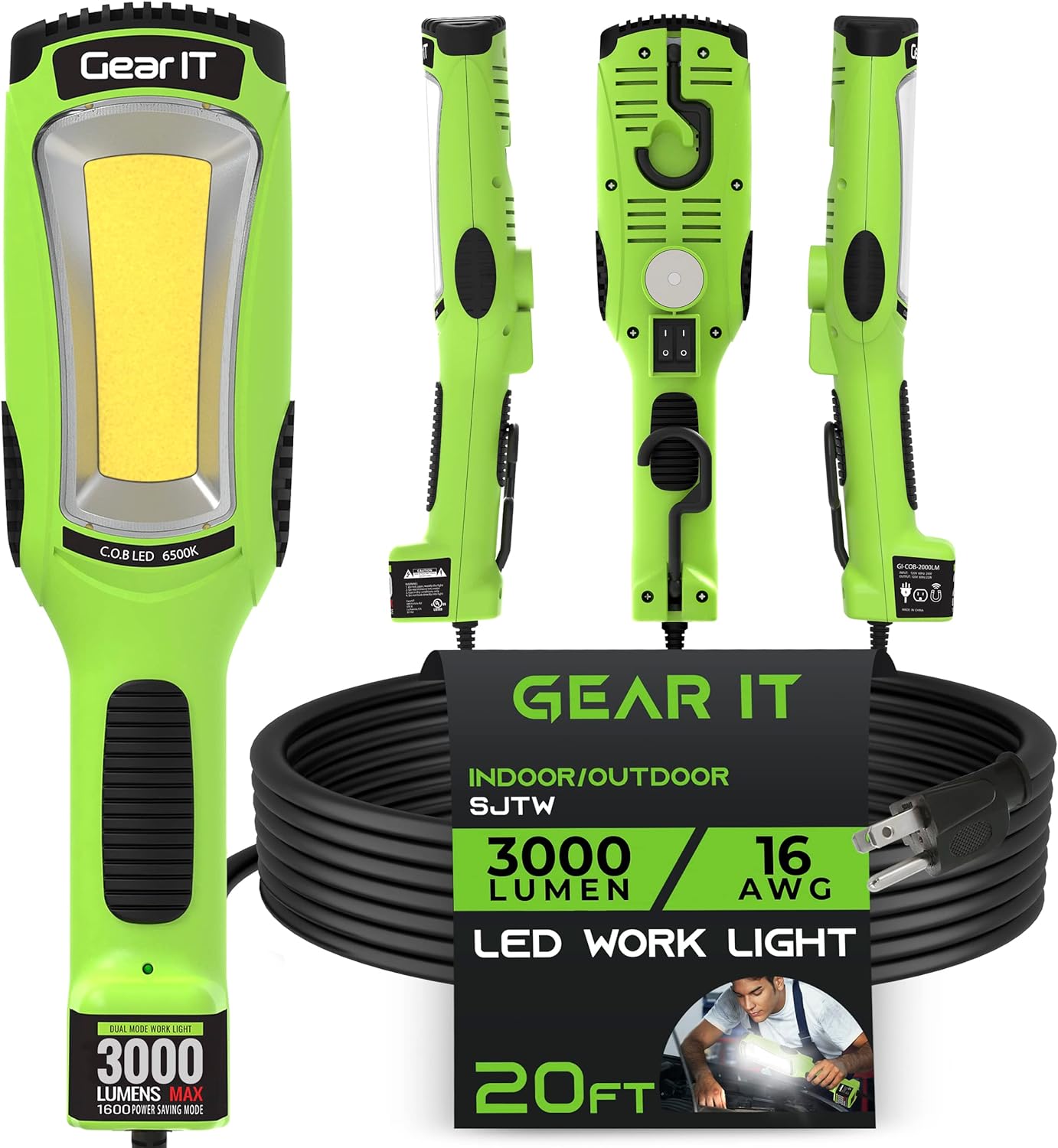 BRAND, CATEGORY, GEARIT, HANDHELD FLASHLIGHTS, GEARit LED Work Light (20 feet) 1200 Lumen COB LED - 16 Gauge SJTW Indoor/Outdoor NEMA 5-15R Extension Cord - Handheld, Rotating Hanger, Magnetic Base for Auto Mechanic and Construction - 20ft