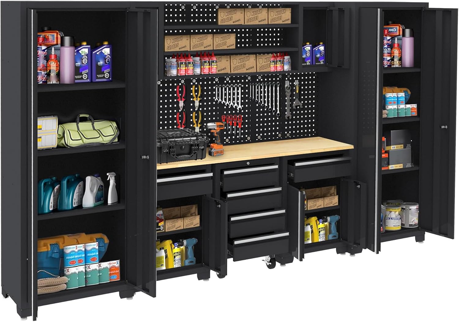 BRAND, CABINETS & STORAGE SYSTEMS, CATEGORY, GSTANDARD, GSTANDARD Garage Cabinets Storage System: Pro Series 8 Piece Cabinet Set with Aluminum Handles, Pegboard, Workshop Cabinet Set in Black - Perfect for Organizing Garage and Tools