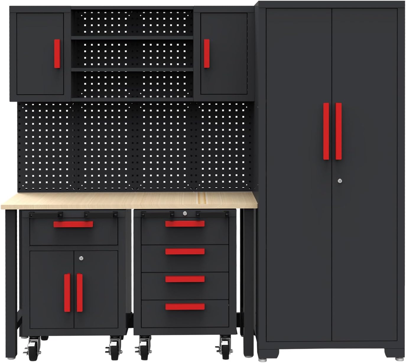 BRAND, CABINETS & STORAGE SYSTEMS, CATEGORY, GSTANDARD, GSTANDARD Storage System 6-Pcs Workshop Set, Included Steel Cabinets Drawers Rolling Chest and Pegborad, Perfect for Organizing Garage and Tools, 81.5" L x18.5 Dx 76" H, Black/Red