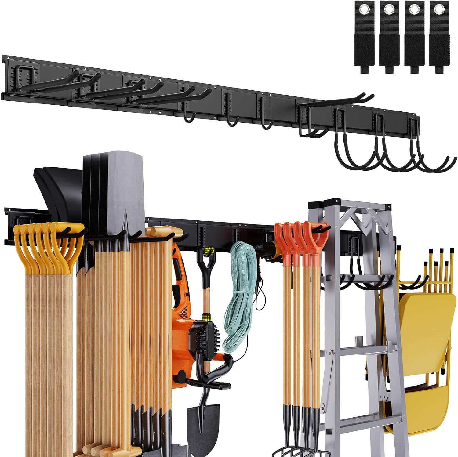 BRAND, CATEGORY, STORAGE RACKS, WATURIS, Garage Tool Storage Organizers Wall Mounted with 6 Removable Hooks and 3 Board, Super Heavy Duty Powder Coated Steel Garden Tool Hanger Rack for Chair, Broom, Mop, Rake Shovel & Tools