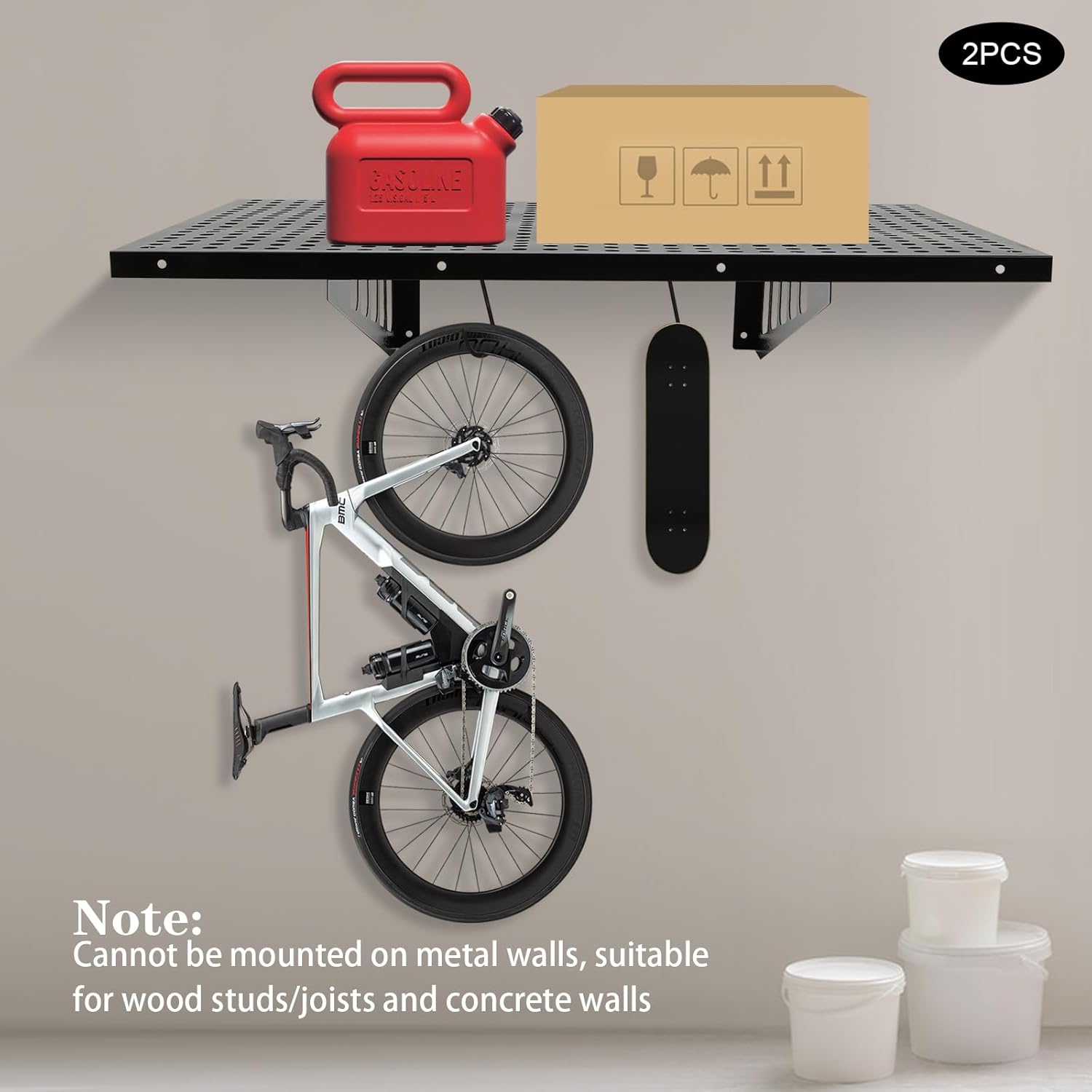 BRAND, CATEGORY, STORAGE RACKS, YELLULU, Garage Shelving Wall Mounted, 2-PACK 2x3FT Garage Shelving, 36”x 24”Garage Shelving Wall Mount Organizer, 560 lbs Load Capacity Garage Storage Rack Floating Shelves, with 4 Hooks, 1 Sets, Black