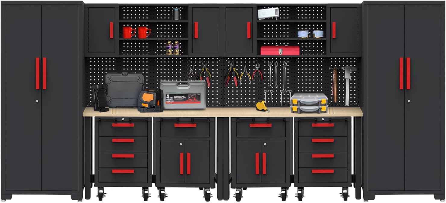 BRAND, CABINETS & STORAGE SYSTEMS, CATEGORY, HPDMC, Garage Storage Cabinet System 2 * 6-Pcs Workshop Set Garage Cabinets and Storage System with Steel Cabinet Drawers, Rolling Chest, Workbench, Pegboard for Garage Tool Organization