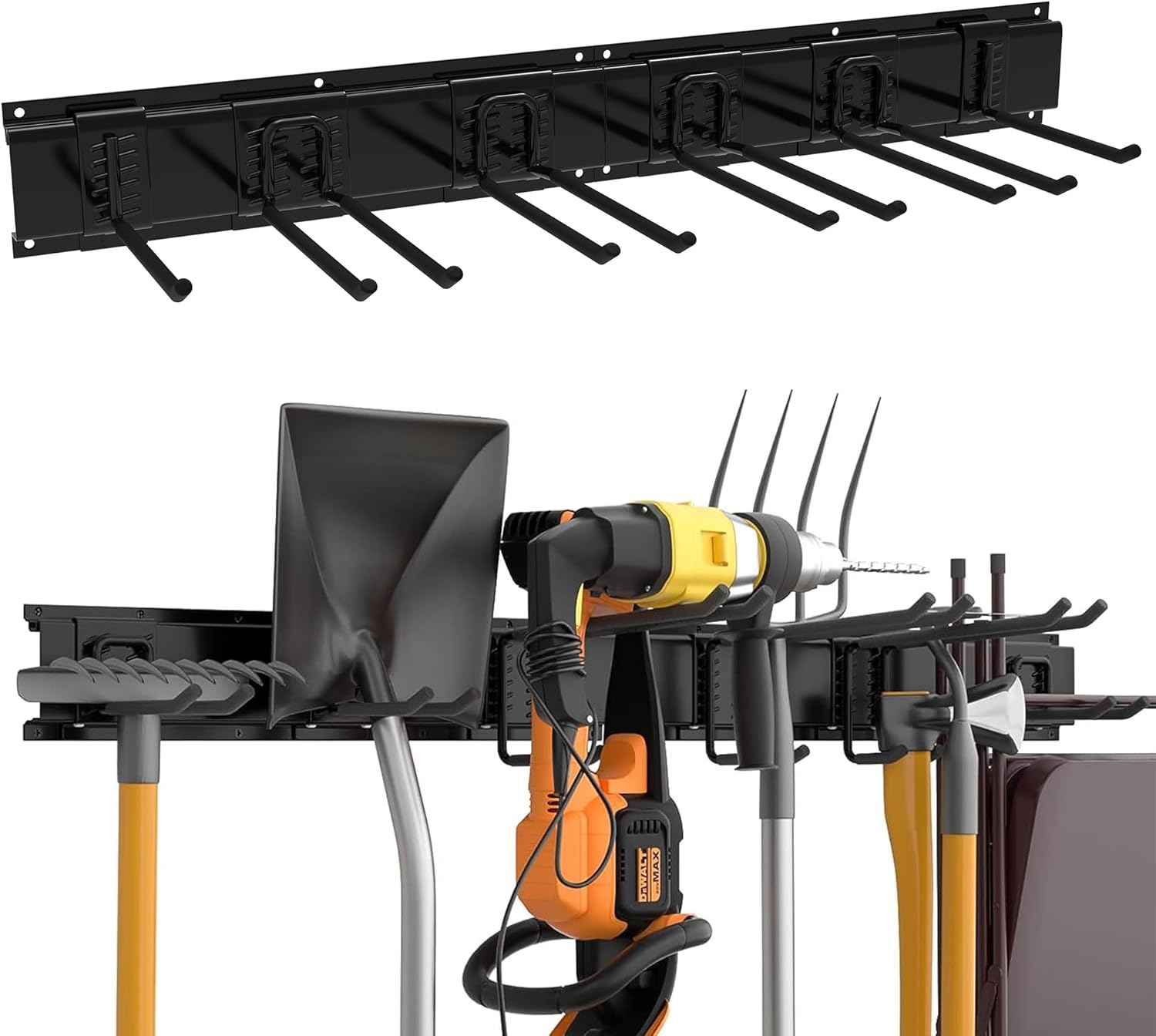 BRAND, CATEGORY, LOKMON, STORAGE RACKS, Garage Tool Organizer Wall Mount 48 Inch Garden Yard Tool Organizer Adjustable Tool Hangers Wall Shovel Holder 3 Rails & 9 Hooks Heavy Duty Tool Rack - 330lbs Max Load