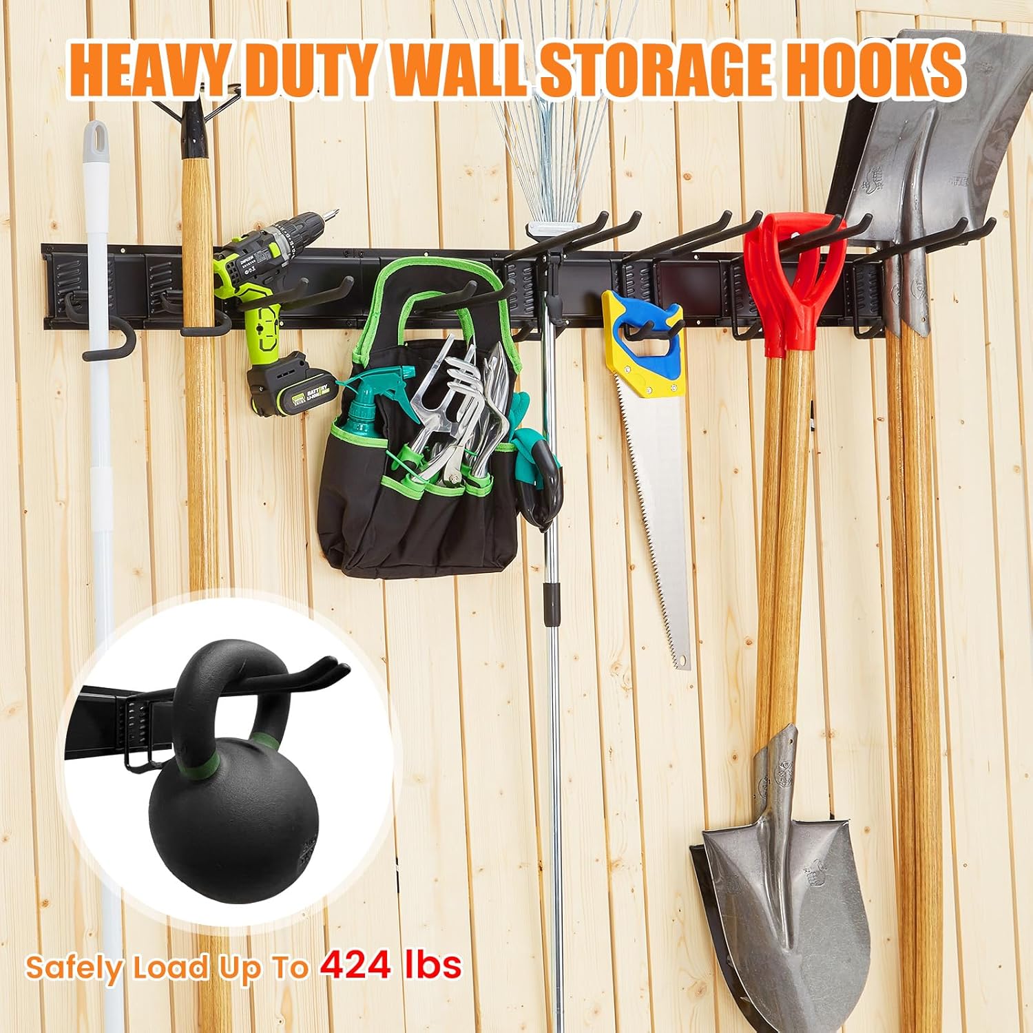 BRAND, CATEGORY, HOOKS, TETUJU, Garage Tool Organizer Wall Mount with 8 Removable Heavy Duty Garage Hooks, Garage Organization and Storage, Garden Tool Organizer, Shovel and Rake Hangers Yard Tool Rack,Rack Hold Up to 424lbs.