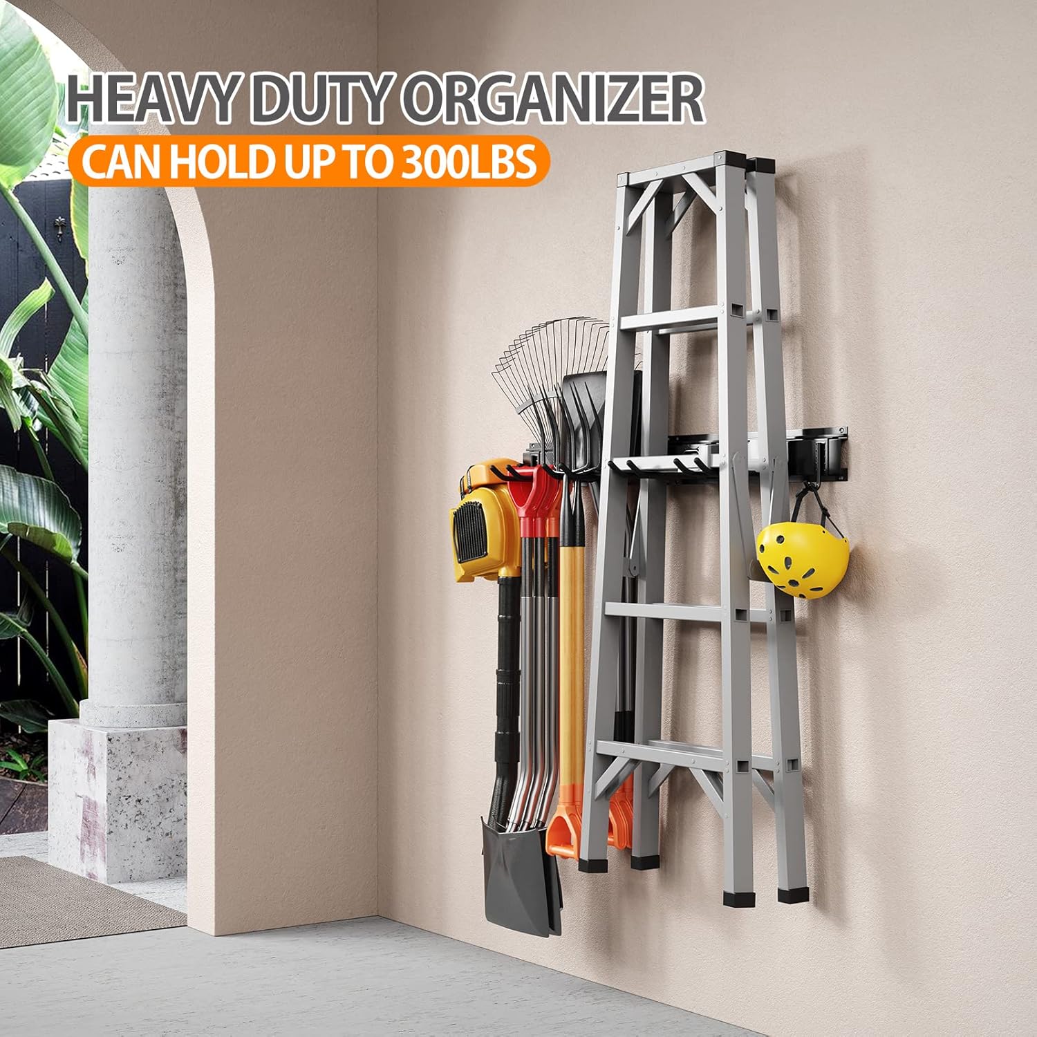 BRAND, CATEGORY, GATSOWM, STORAGE RACKS, Garage Tool Storage Rack, Garage Organizer Wall Mounted Storage System with 6 Hooks, Max 300 lbs Super Heavy Duty Garden Tool Hanger Rack for Ski Gears, Chair, Broom, Mop, Rake Shovel Yard Tools