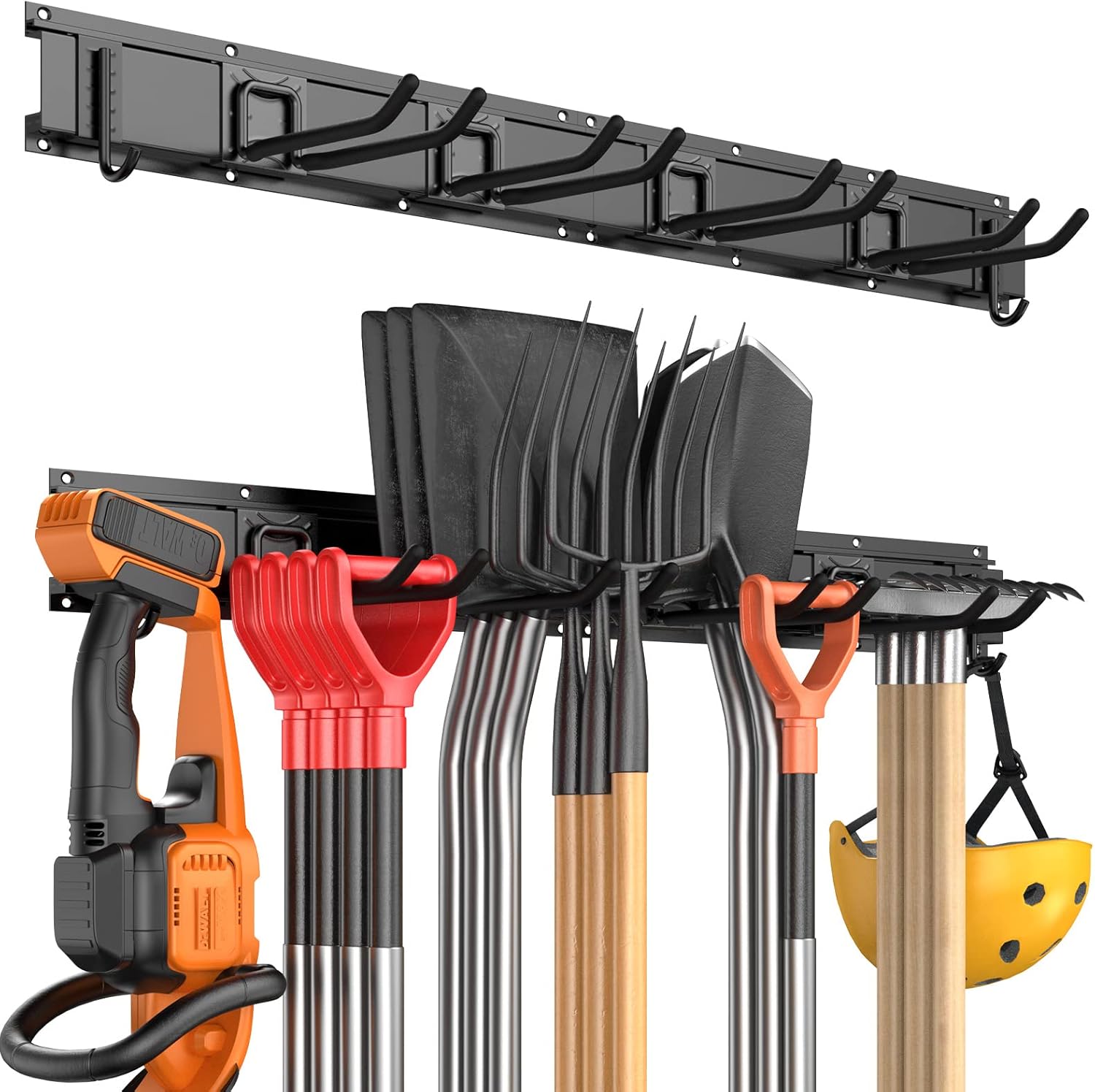 BRAND, CATEGORY, GATSOWM, STORAGE RACKS, Garage Tool Storage Rack, Garage Organizer Wall Mounted Storage System with 6 Hooks, Max 300 lbs Super Heavy Duty Garden Tool Hanger Rack for Ski Gears, Chair, Broom, Mop, Rake Shovel Yard Tools