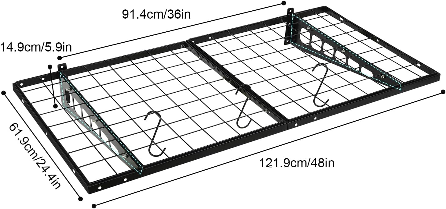 BAZARGAME, BRAND, CATEGORY, SHELVES, 2 Pack Garage Shelving Wall Mounted 12-inch-by-48-inch Heavy Duty Wall Shelf Loads 300 lbs Garage Storage System Shelves with 4 Accessory Hooks Garage Wall Storage for Shop Shed Garage Storage Black