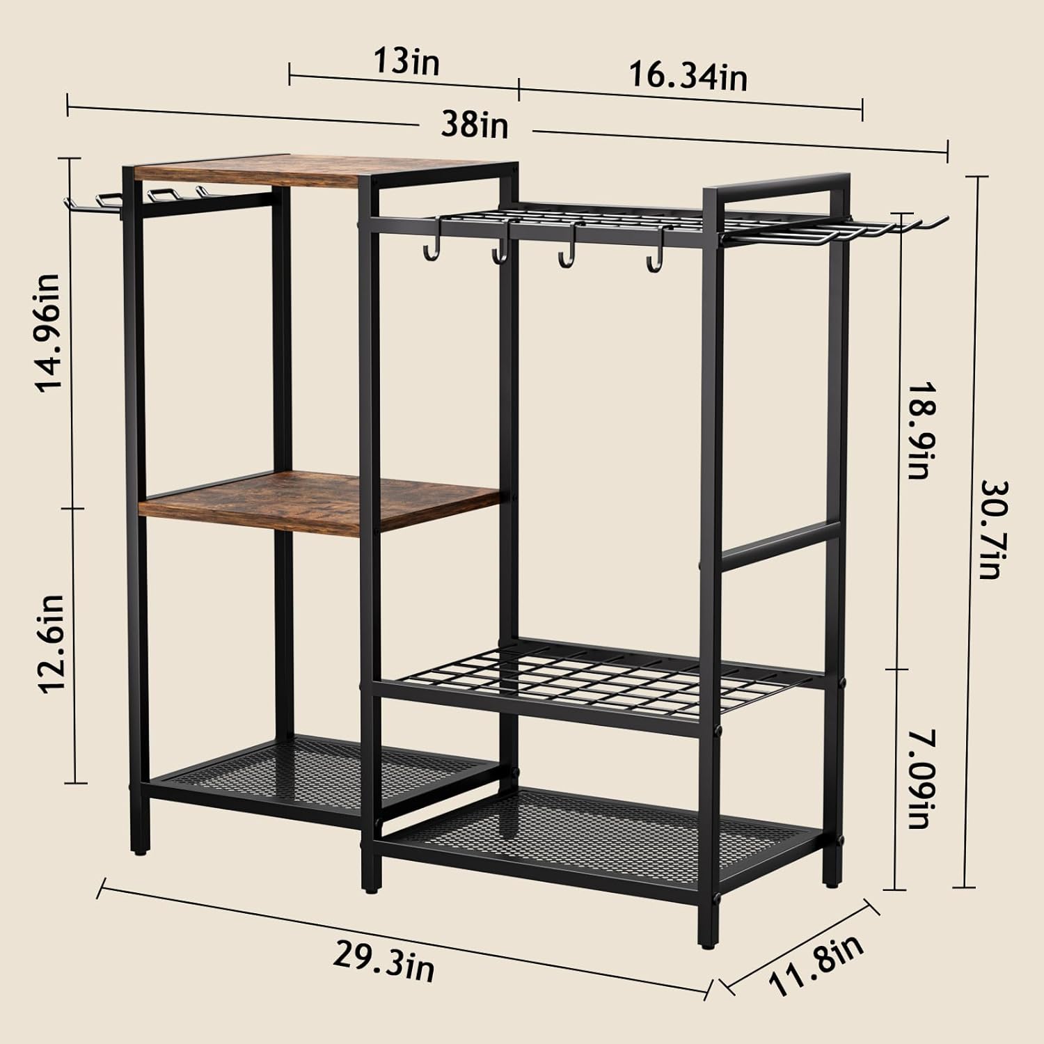 BRAND, CATEGORY, HOMSOROUT, STORAGE RACKS, Garden Garage Tool Organizer - with 3-tier Shelves, Yard Tool Organizer for Garage with 4 Hooks, Heavy duty Steel Garden Tool Rack Holds up to 48 Long Handled Yard tools for Storage