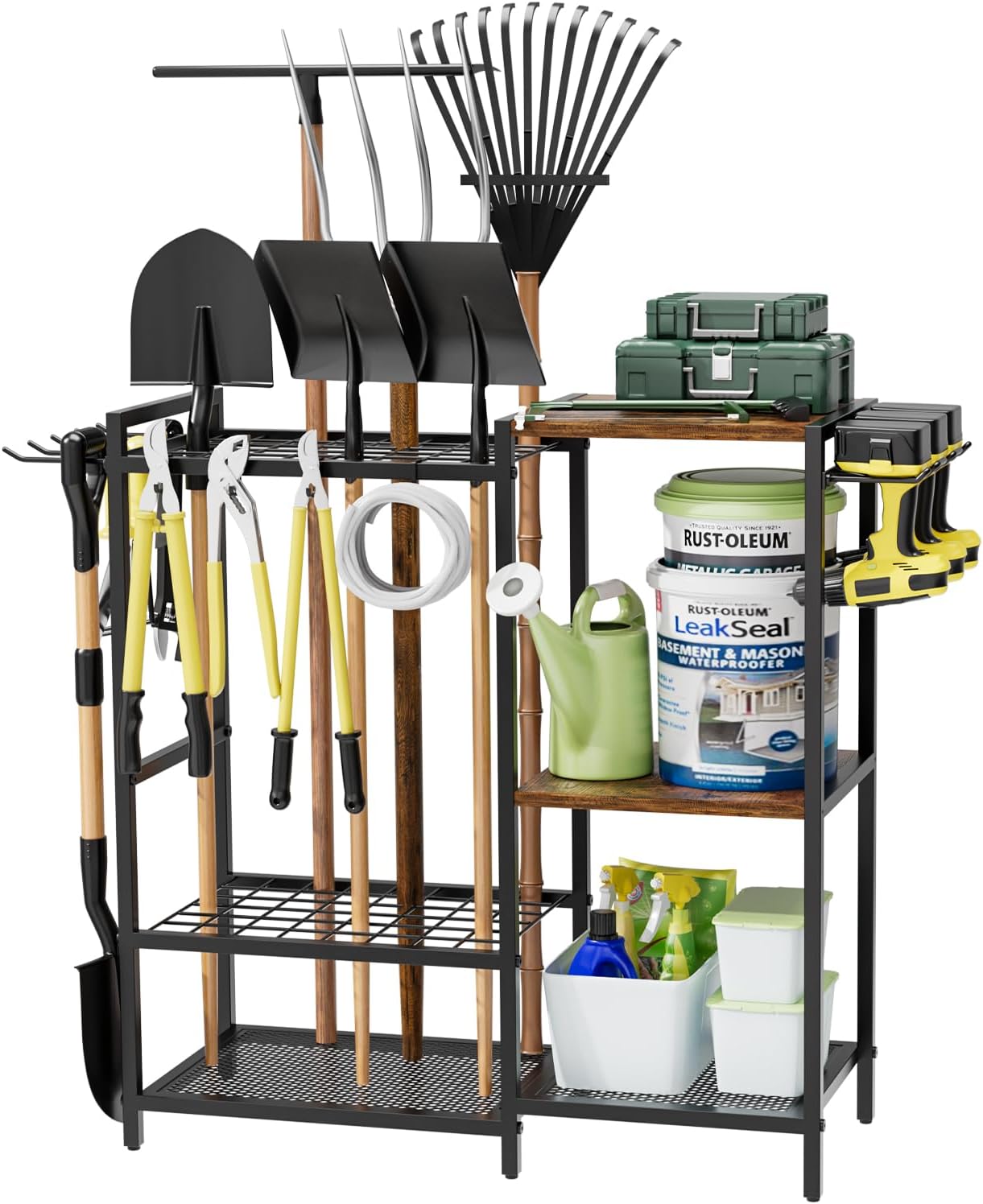 BRAND, CATEGORY, HOMSOROUT, STORAGE RACKS, Garden Garage Tool Organizer - with 3-tier Shelves, Yard Tool Organizer for Garage with 4 Hooks, Heavy duty Steel Garden Tool Rack Holds up to 48 Long Handled Yard tools for Storage