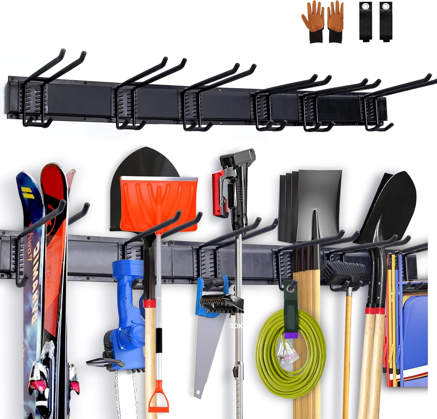 BRAND, CATEGORY, GARDI BEAST, STORAGE RACKS, Garden Tool Organizer - 11 Pcs Tool Storage Rack Wall Mount - Heavy Duty Garage Organization Hold Up to 350 lbs - with 6 Double Layer Wall Hooks and 16" x3 Rails (48 inch Total), Glove & Straps Black