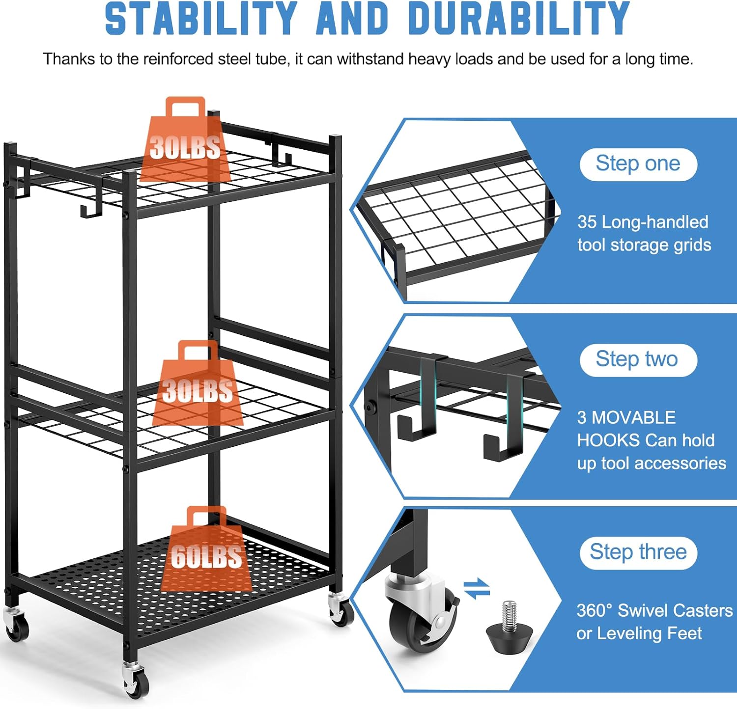 BRAND, CATEGORY, DAOUTIME, STORAGE RACKS, Garden Tool Organizer with Wheels, Yard Tool Tower rack for Garage Organization and Storage, Up to 35 Long-Handled Tools, Sturdy Metal Steel Tool Holder with 3 Hooks, Outdoor, Black