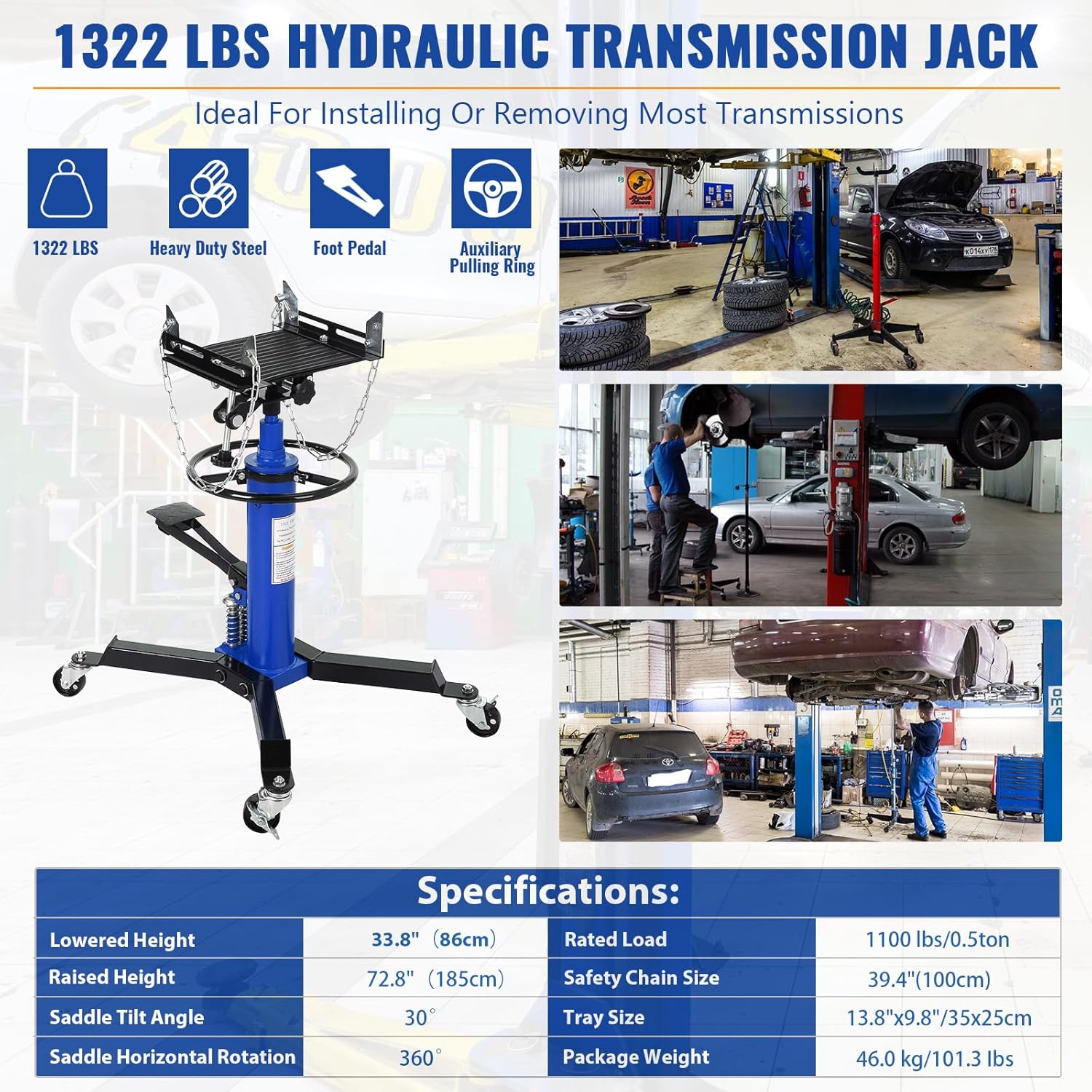 BRAND, CATEGORY, GARVEETECH, TRANSMISSION JACKS, 1 Yellow Transmission Jack - Hydraulic Telescoping Lift, Foot Pedal, 360° Swivel Wheel, Versatile Garage Essential