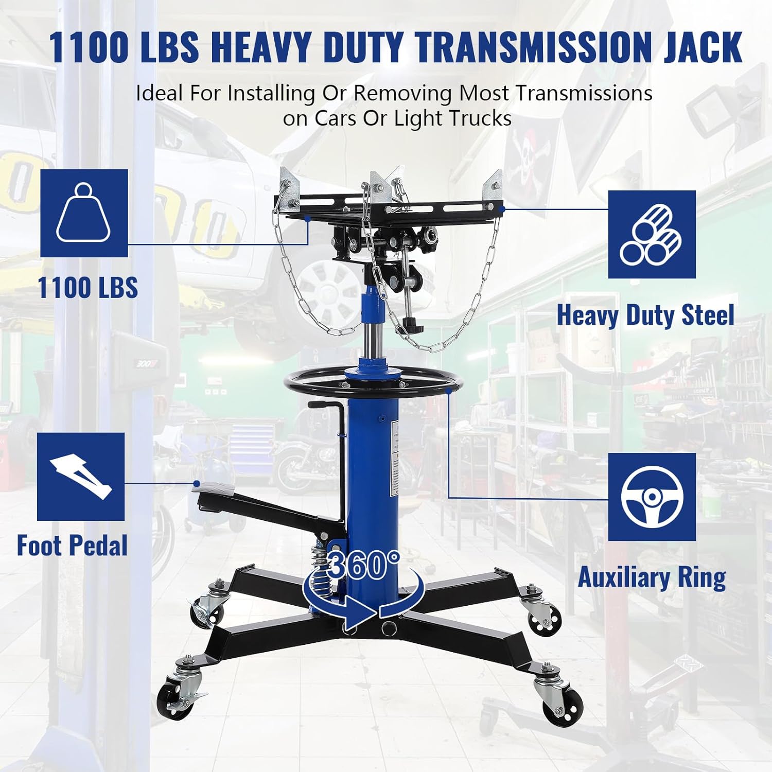 BRAND, CATEGORY, GARVEE, TRANSMISSION JACKS, Garvee Transmission Jack, 3/5 Ton/1322 lbs Capacity 2 Stage Adjustable Hydraulic Telescopic Transmission Jack with Foot Pedal, 33.5"-69" High Lift and 360° Swivel Wheel, Garage/Shop Lift Hoist, Red