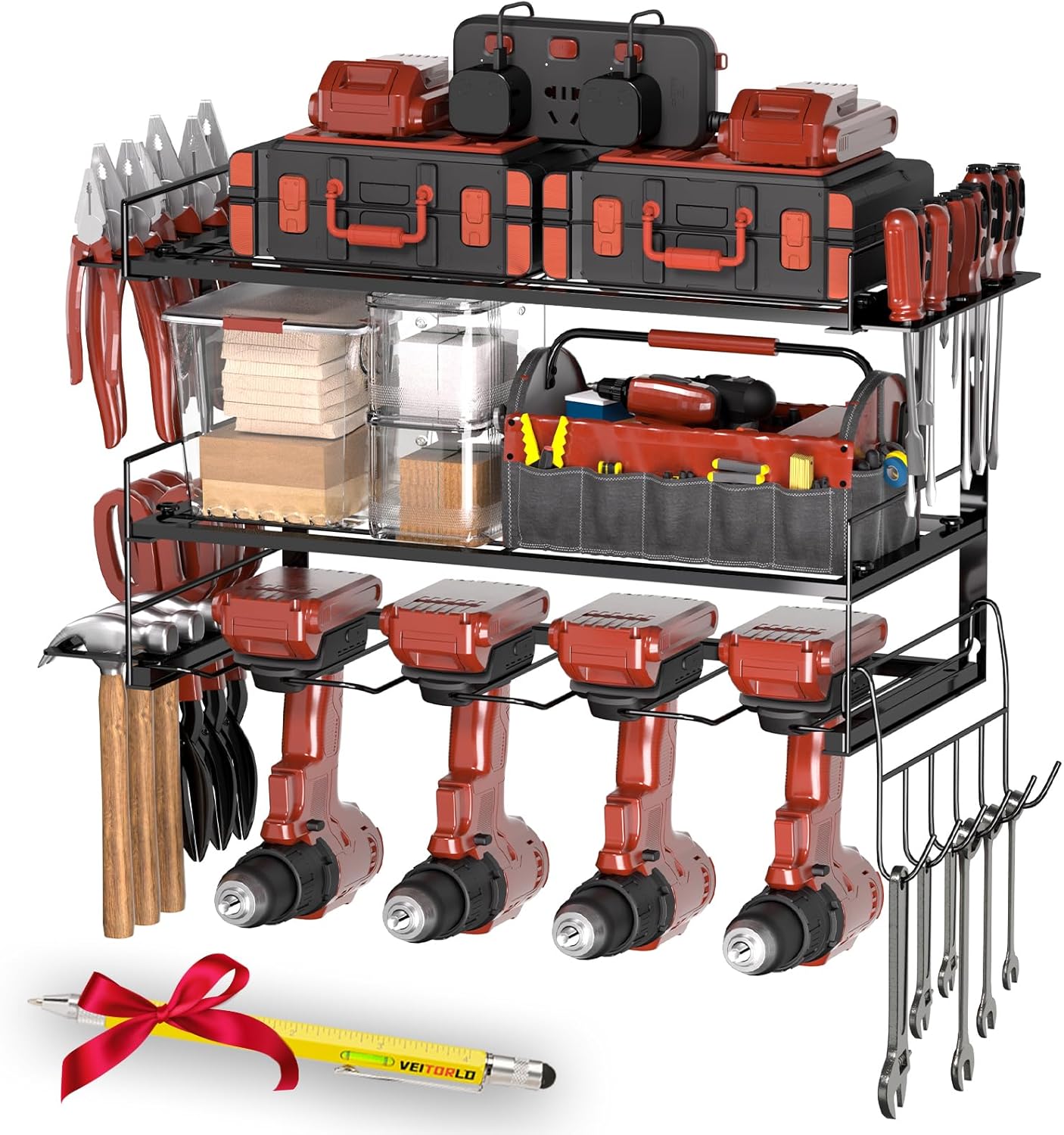 BRAND, CATEGORY, STORAGE RACKS, VEITORLD, Gifts for Men Dad Husband Him, Power Tool Organizer Wall Mount, 4 Drill Modular Tool Storage Shelf with Hooks, Drill Holder for Garage Organization, Cool Anniversary Birthday Gifts for Men Women