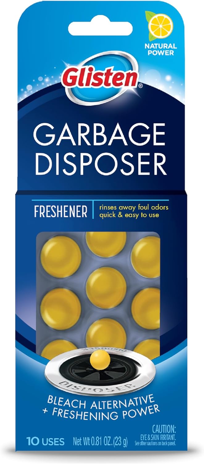 BRAND, CATEGORY, GARBAGE DISPOSAL CLEANERS, GLISTEN, Glisten Garbage Disposer Freshener, Sink Disposal Odor Eliminator, Quick and Easy-to-Use, Lemon Scent, 10 Capsules