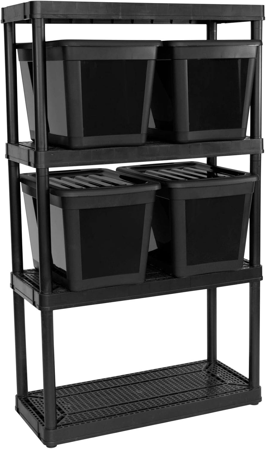 BRAND, CATEGORY, GRACIOUS LIVING, UTILITY SHELVES, Gracious Living 14" x 32" x 54.5" 4-Shelf Tier Resin Multi-Purpose Medium Duty Indoor Garage Storage Organizer Shelves, Black