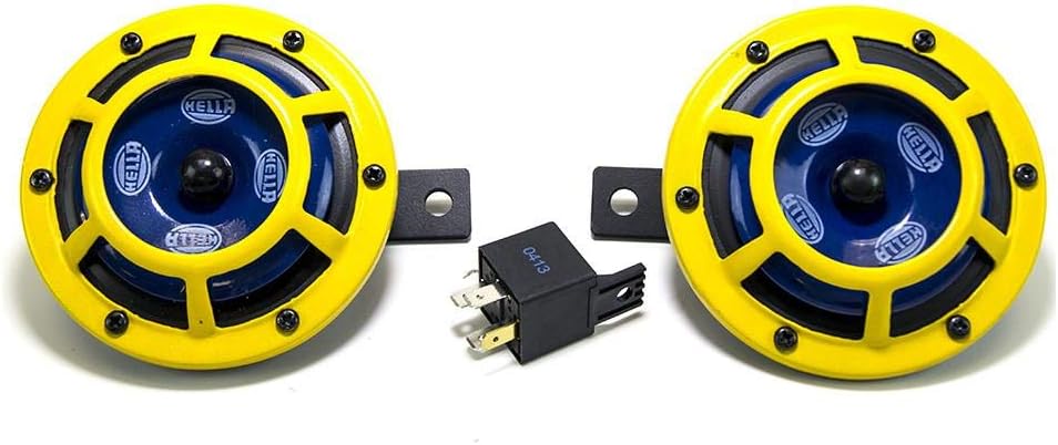 AIR HORNS, BRAND, CATEGORY, HELLA, HELLA H31000001 Sharptone 12V High Tone / Low Tone Twin Horn Kit with Yellow Protective Grill, Includes Relay, 2 Horns