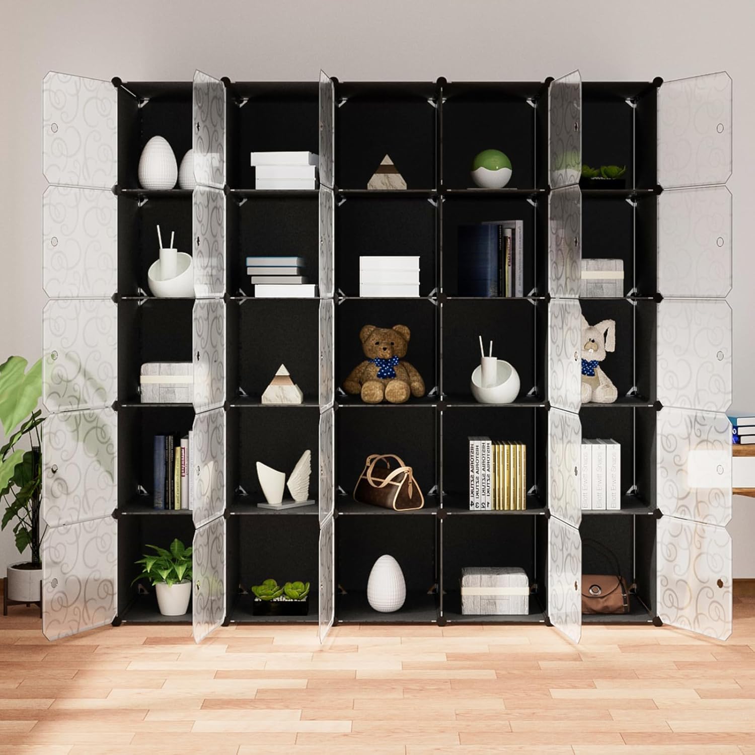 BRAND, CABINETS & STORAGE SYSTEMS, CATEGORY, HOMOKUS, HOMOKUS Portable Storage Cubes,70"x70"x18" Depth Cube Storage Organizer,5x5 Tiers 25 Cubes Shelves,Clothes Storage Shelves with Doors,DIY Closet Cabinet for Home,Office (Black and White)