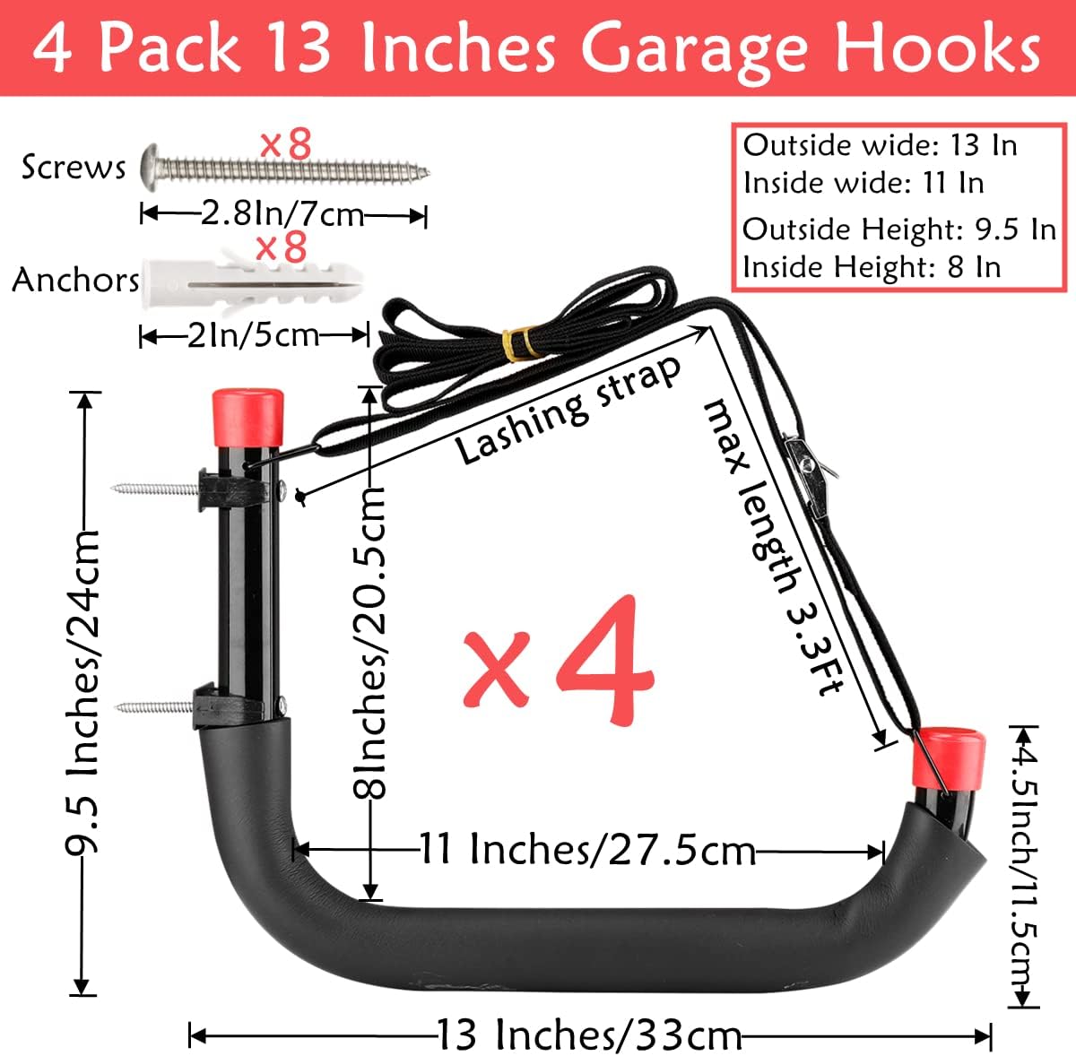 BRAND, CATEGORY, HOOKS, NAIKOZMO, Heavy Duty Garage Storage Hooks, 13 Inch Arm Large Wall Mount Hanger with EVA Protector, Naikozmo Garage Racks & Organizer for Ladders, Folding Chairs, Kayak, Surfboard, Garden Tool Black + Red