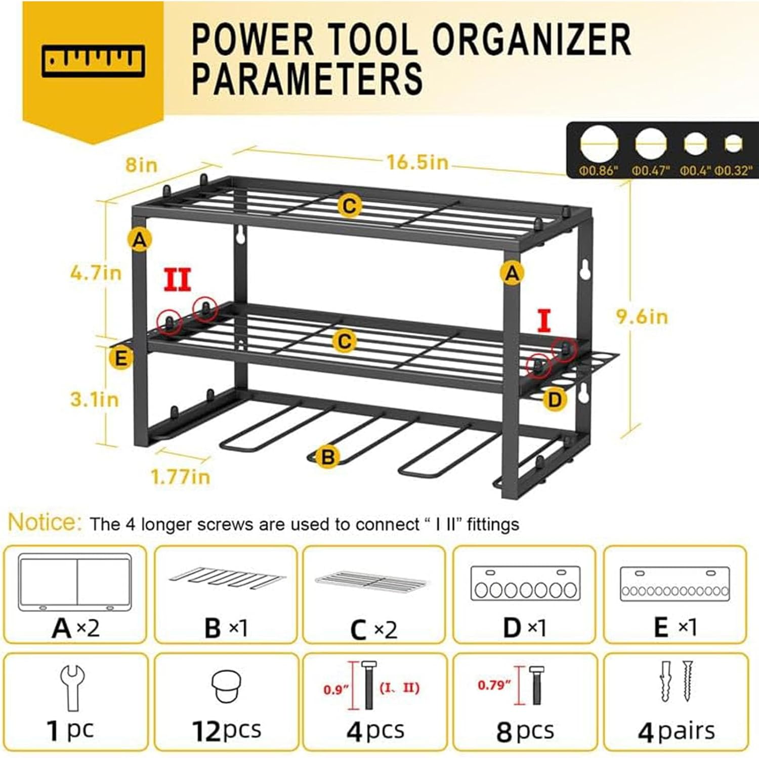 BRAND, CATEGORY, KSIEE, STORAGE RACKS, Heavy Duty Power Tool Organizer Wall Mount, Power Tool Wall Organizer, Space-Saving Stable Drill Rack Garage Accessories For Garages Work Rooms Workshops