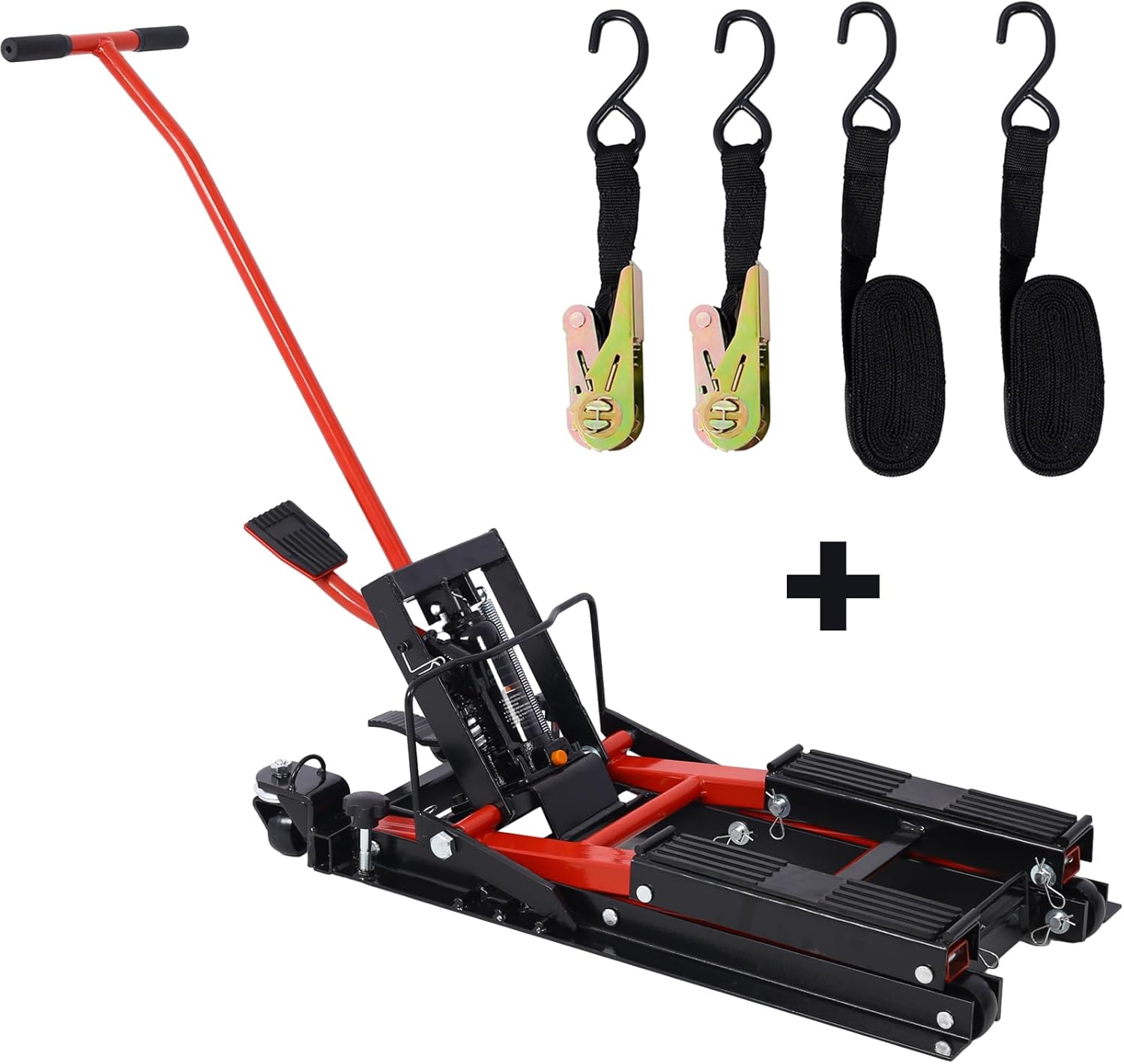 BRAND, CATEGORY, FLOOR JACKS, SPOFLYINN, Hydraulic Motorcycle Lift Jack Foot-Operated Motorcycle Lift Table with 4 Wheels 1500 LBS Capacity 4.5" - 15" Lifting Range Black+red