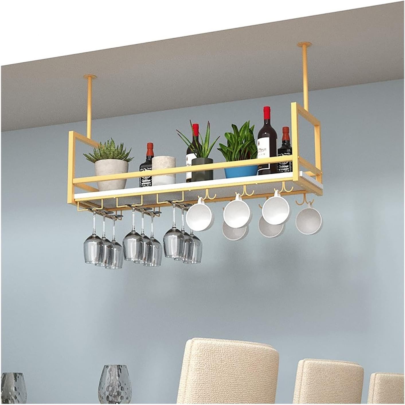 BRAND, CATEGORY, EHEIN, STORAGE RACKS, Industrial Ceiling Mount Shelf Hanging Floating Shelf, Rustic Garage Storage Rack Wood Shelves, Storage Rack and Display Stand for Kitchen Bar Restaurant ( Color : Gold , Size : 80*30*60cm(31*12*24IN)