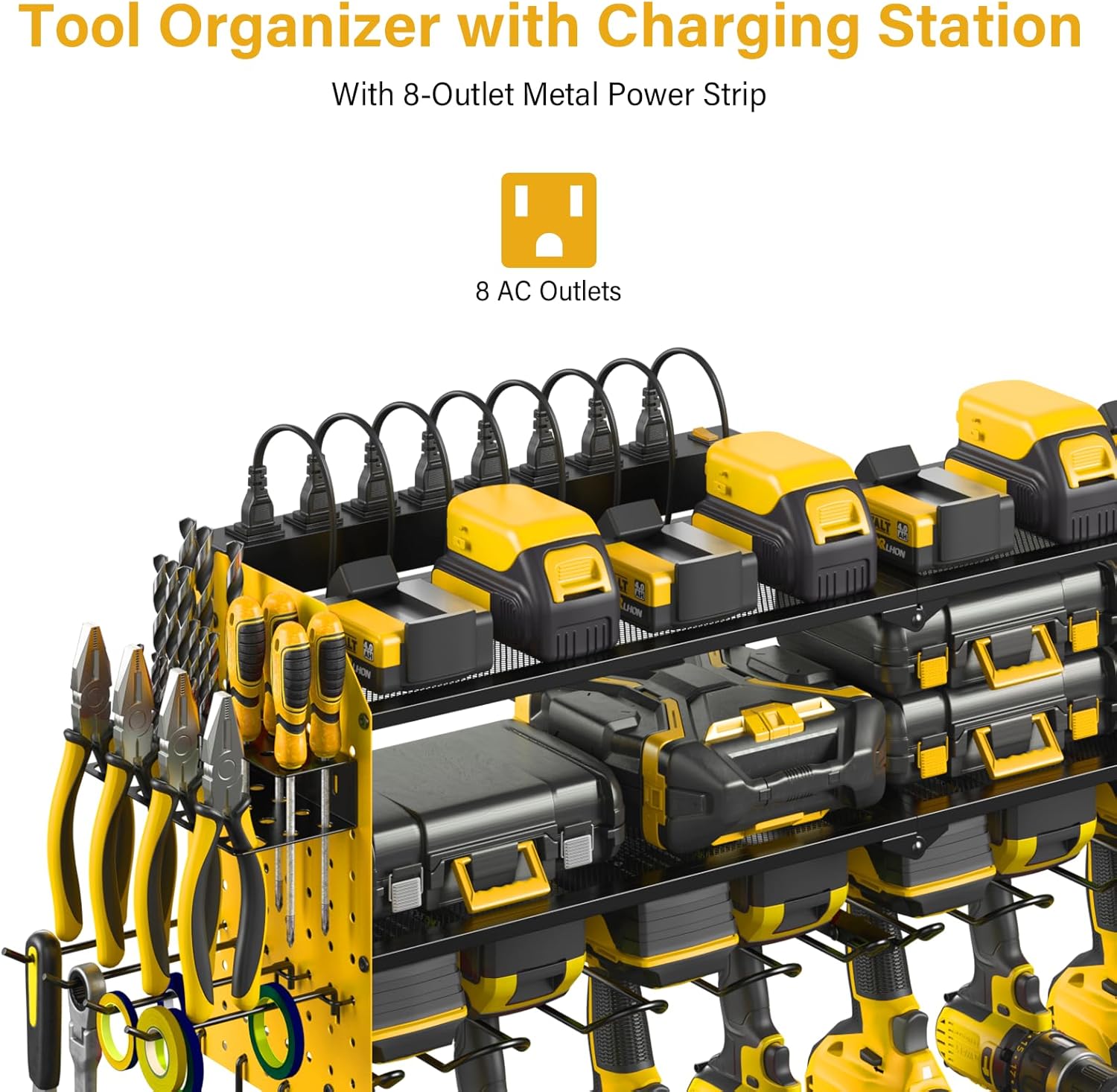 BRAND, CATEGORY, JUNNUJ, STORAGE RACKS, JUNNUJ Large Pegboard Power Tool Organizer with Charging Station, 8 Drills Driver and Tools Battery Holder Wall Mount with 8 Outlet Power Strip, Black 3-Layer Shop Garage Storage Utility Rack