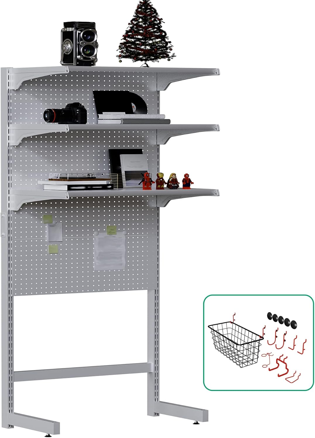 BRAND, CATEGORY, JWX, STORAGE RACKS, JWX DDB Gaming Standing Shelf Units, 30‘’ Free Standing Gaming Shelf Pegboard Cabinet with Home Office Metal Pegboard and 15 Pieces Organizer Tool Holders