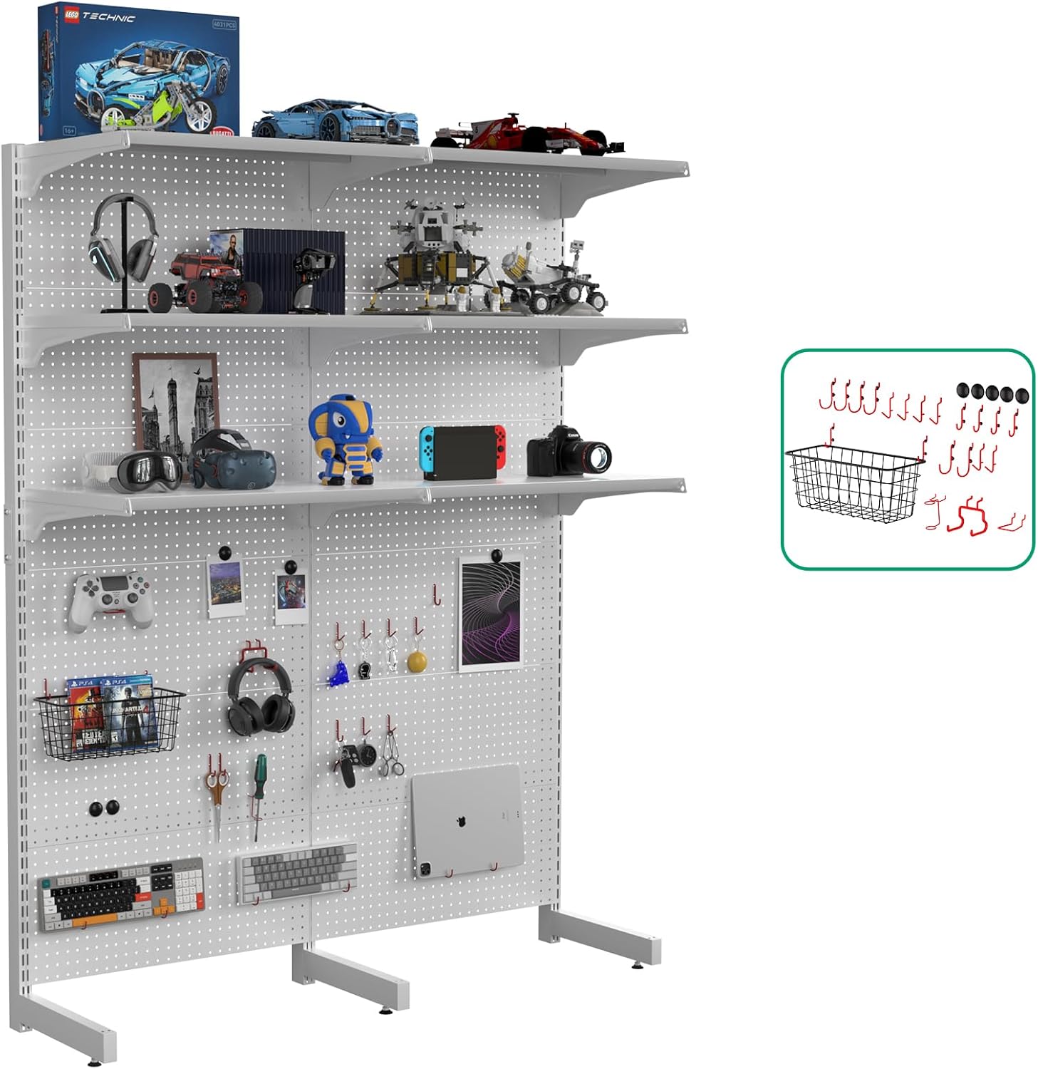 BRAND, CATEGORY, JWX, STORAGE RACKS, JWX Pegboard Gaming StandingShelf Unit - 57.5" W x 74" H, Modular Design, Free-Standing, with 27 Storage Accessories for Office, Home, Kitchen, Camping, and Gaming White