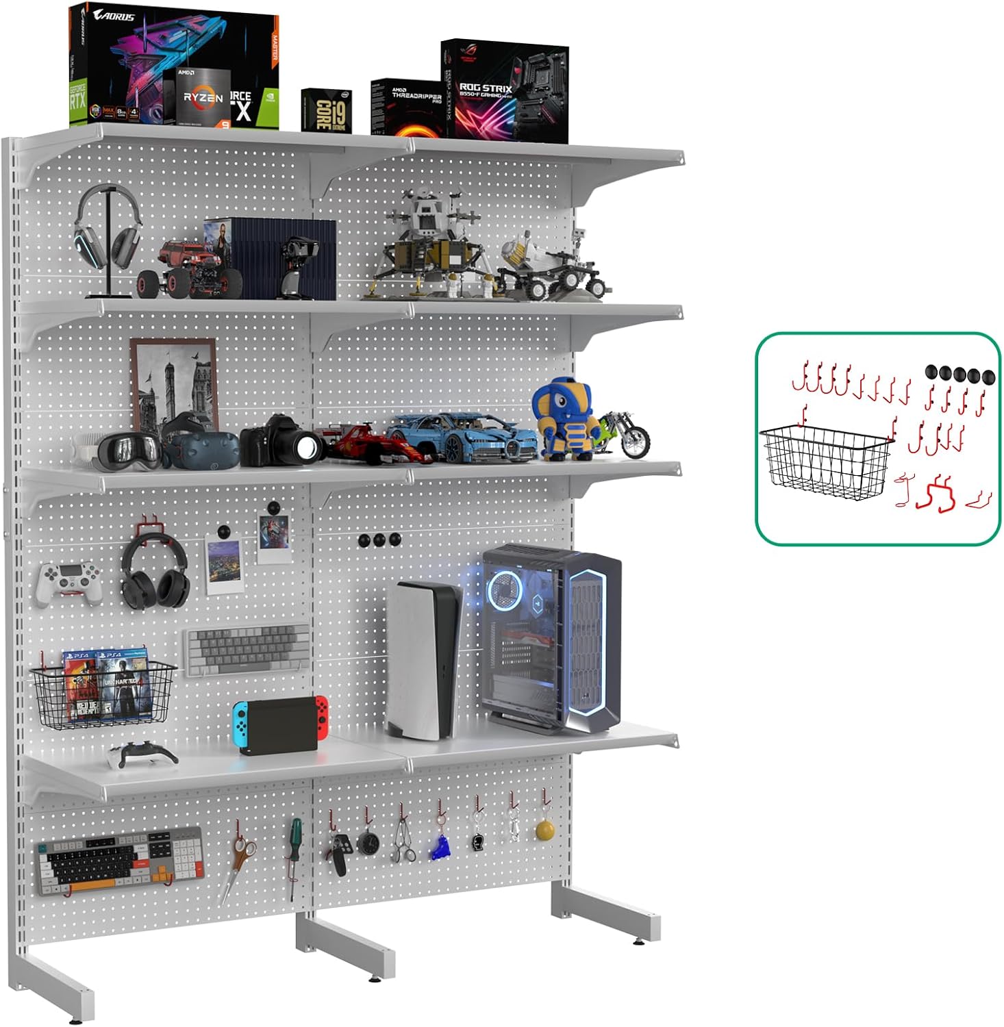 BRAND, CATEGORY, JWX, STORAGE RACKS, JWX Pegboard and Shelf Unit - 57.5" W x 74" H, Modular Design, Free-Standing, with 27 Storage Accessories and 8 Shelves for Office, Home, Kitchen, Camping, and Gaming Frosted White