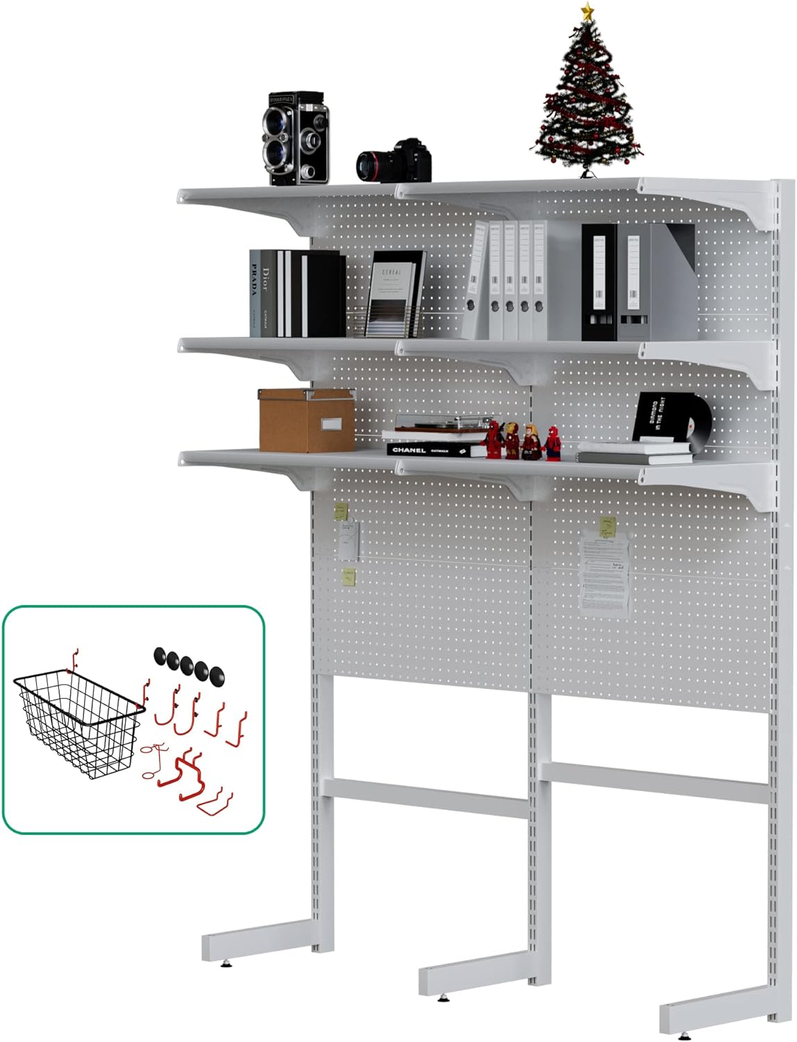 BRAND, CATEGORY, JWX, STORAGE RACKS, JWX Standing Pegboard Shelf Unit, White Gaming Home Office Garage Cabinets with Metal Pegboard and 15 Pieces Organizer Tool Holders