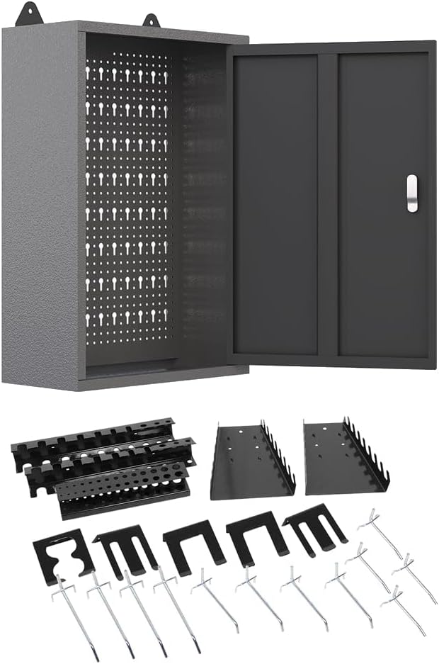 BRAND, CABINETS & STORAGE SYSTEMS, CATEGORY, JZD, JZD Steel Wall Mount Storage Cabinet System with 22 Tool Hooks, for Garage Workshop Black & Grey