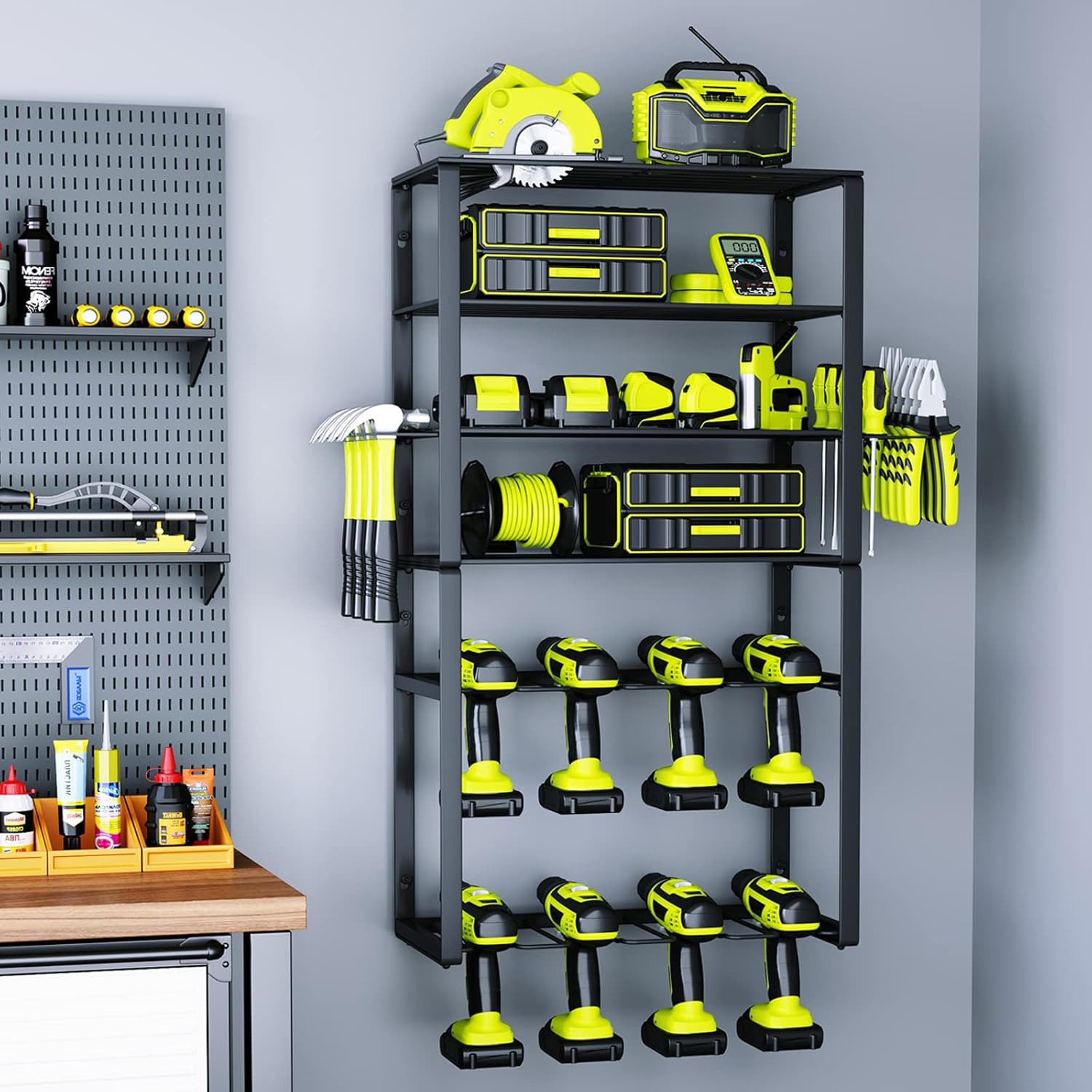 BRAND, CATEGORY, KAFAHOM, STORAGE RACKS, KAFAHOM Power Tool Organizer, 8 Drill Holder Wall Mount, 4 Layers Garage Tool Organizers and Storage Rack, Tool Shelf with Screwdriver/Plier/Hammer Holder