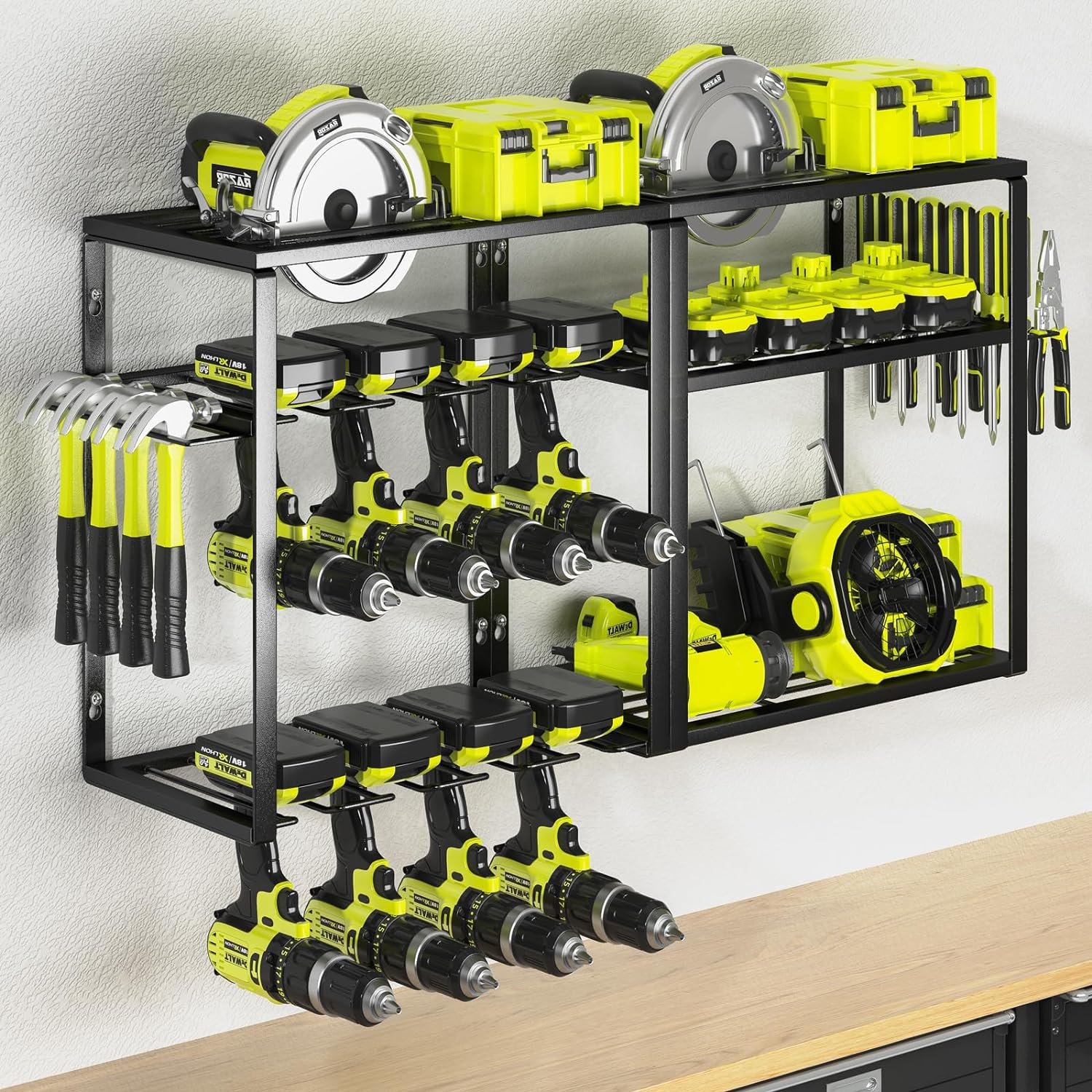 BRAND, CATEGORY, KAFAHOM, STORAGE RACKS, KAFAHOM Power Tool Organizer, 8 Drill Holder Wall Mount, 4 Layers Garage Tool Organizers and Storage Rack, Tool Shelf with Screwdriver/Plier/Hammer Holder