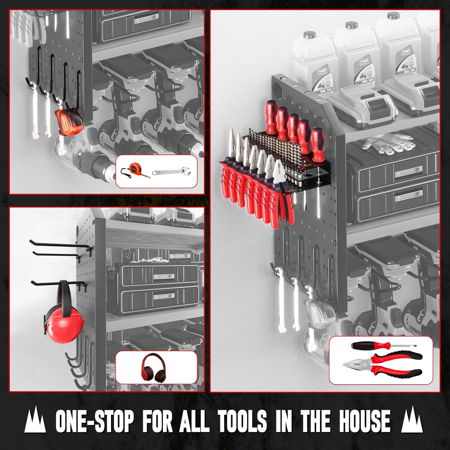 BRAND, CATEGORY, KAFAHOM, STORAGE RACKS, KAFAHOM Power Tool Organizer with Charging Station, Built in 8 Outlet Power Strip, Large 8 Drill Holder Wall Mount, Heavy Duty Metal Power Tool Storage Rack Tool Shelf for Garage Organization Red