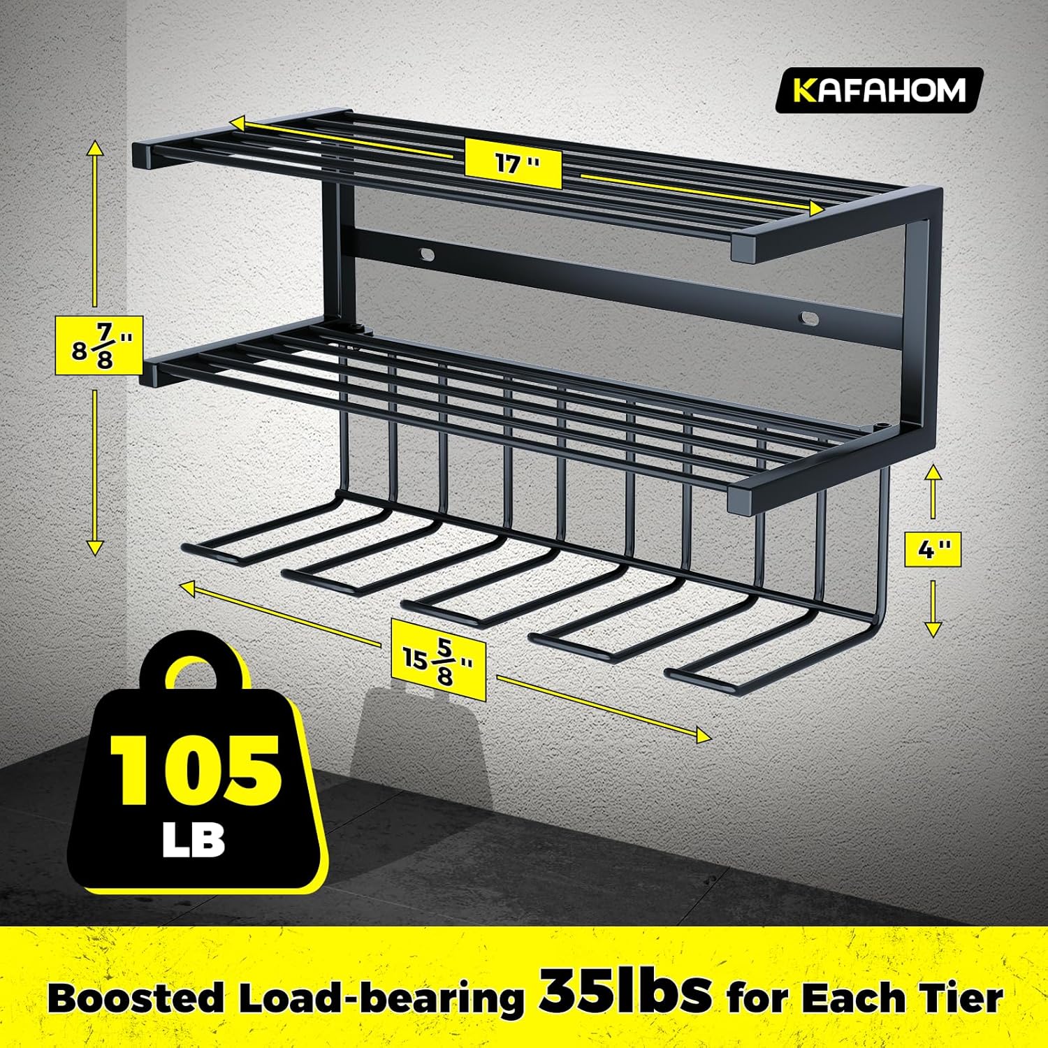 BRAND, CATEGORY, KAFAHOM, STORAGE RACKS, KAFAHOM Power Tool Organizer, Tool Storage Rack Wall Mounted, Heavy Duty Drill Holder for Garage Organization, 3 Layers Floating Tool Shelf with 4 Drill Holders- 2 Pack