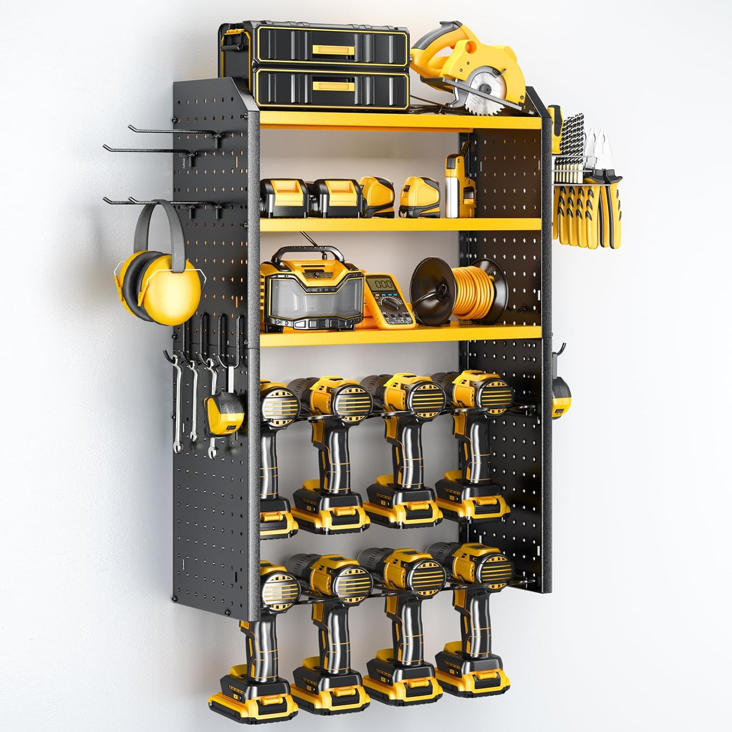 BRAND, CATEGORY, KAFAHOM, STORAGE RACKS, KAFAHOM Power Tool Organizer with Charging Station.Garage 8 Drill Holder Built in 8 Outlets Power Strip,Tool Storage Shelf Wall Mount,Tool Battery Organizer with Screwdriver/Hammer/Air Tool Rack