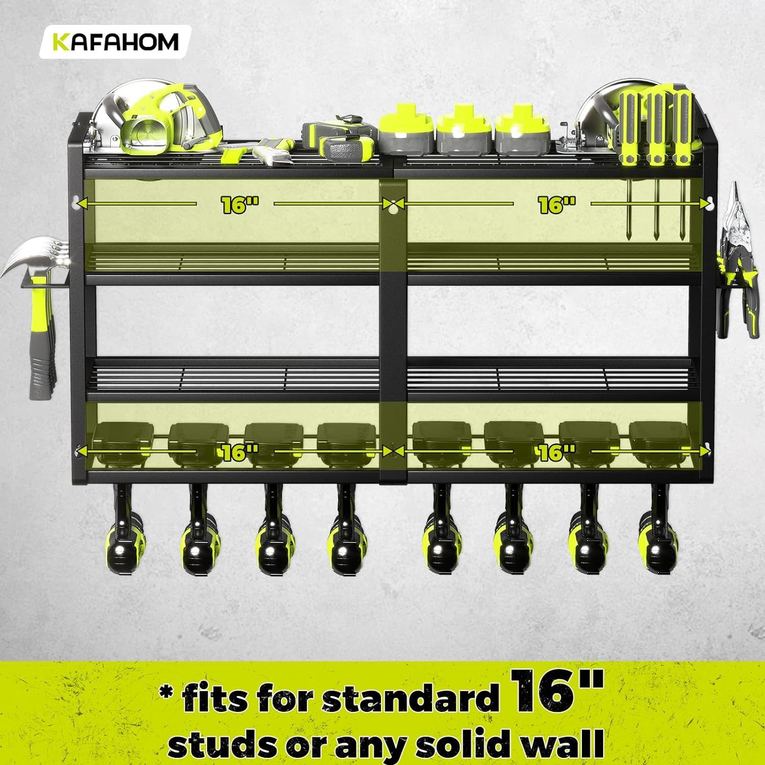 BRAND, CATEGORY, KAFAHOM, STORAGE RACKS, KAFAHOM Power Tool Organizer-8 Drill Holder Wall Mount,4 Layer Heavy Duty Metal Power Tool Storage Rack,Garage Tool Organizer and Storage with Screwdriver Holder/Plier Holder/Hammer Holder